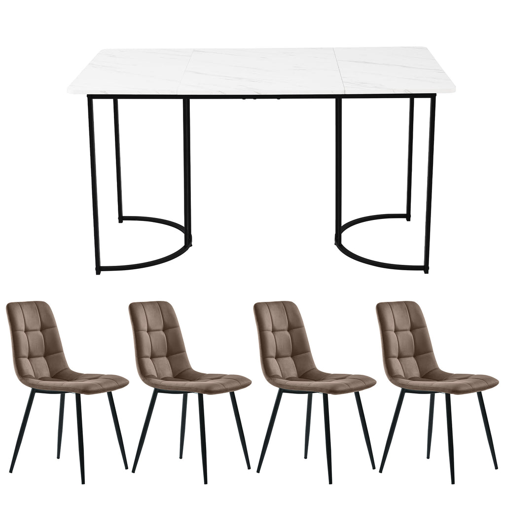 5-Piece Dining Set Dining Table With 4 Chairs  Modern Kitchen Table Set 140 X 80 CmFeaturing Black Metal Legs And White MDF Tabletop, Plus Brown Velvet Dining Chairs