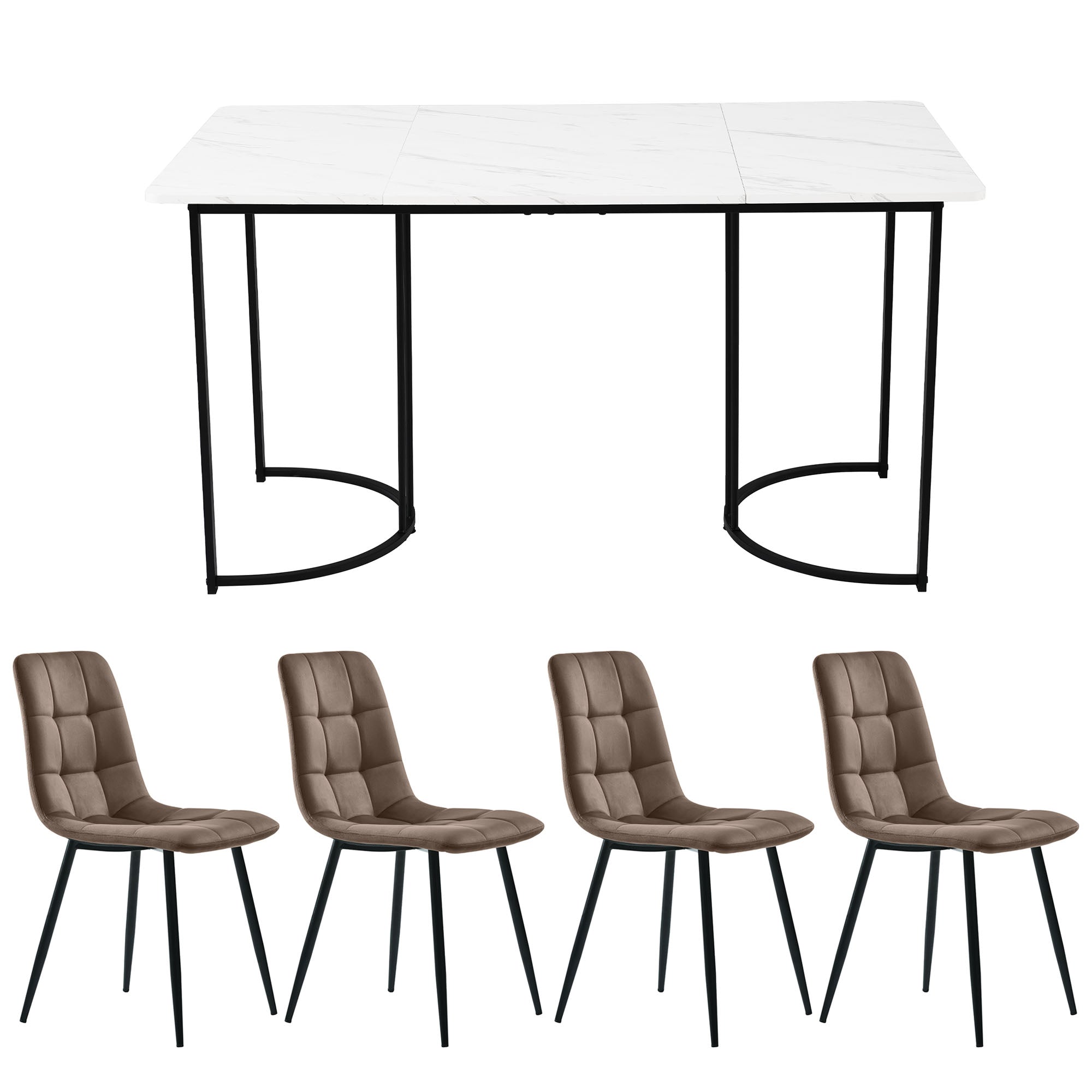 5-Piece Dining Set Dining Table With 4 Chairs  Modern Kitchen Table Set 140 X 80 CmFeaturing Black Metal Legs And White MDF Tabletop, Plus Brown Velvet Dining Chairs