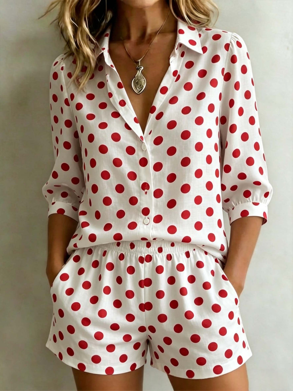 Womens European And American Cross-Border Casual Holiday Printed Polka-Dot Set