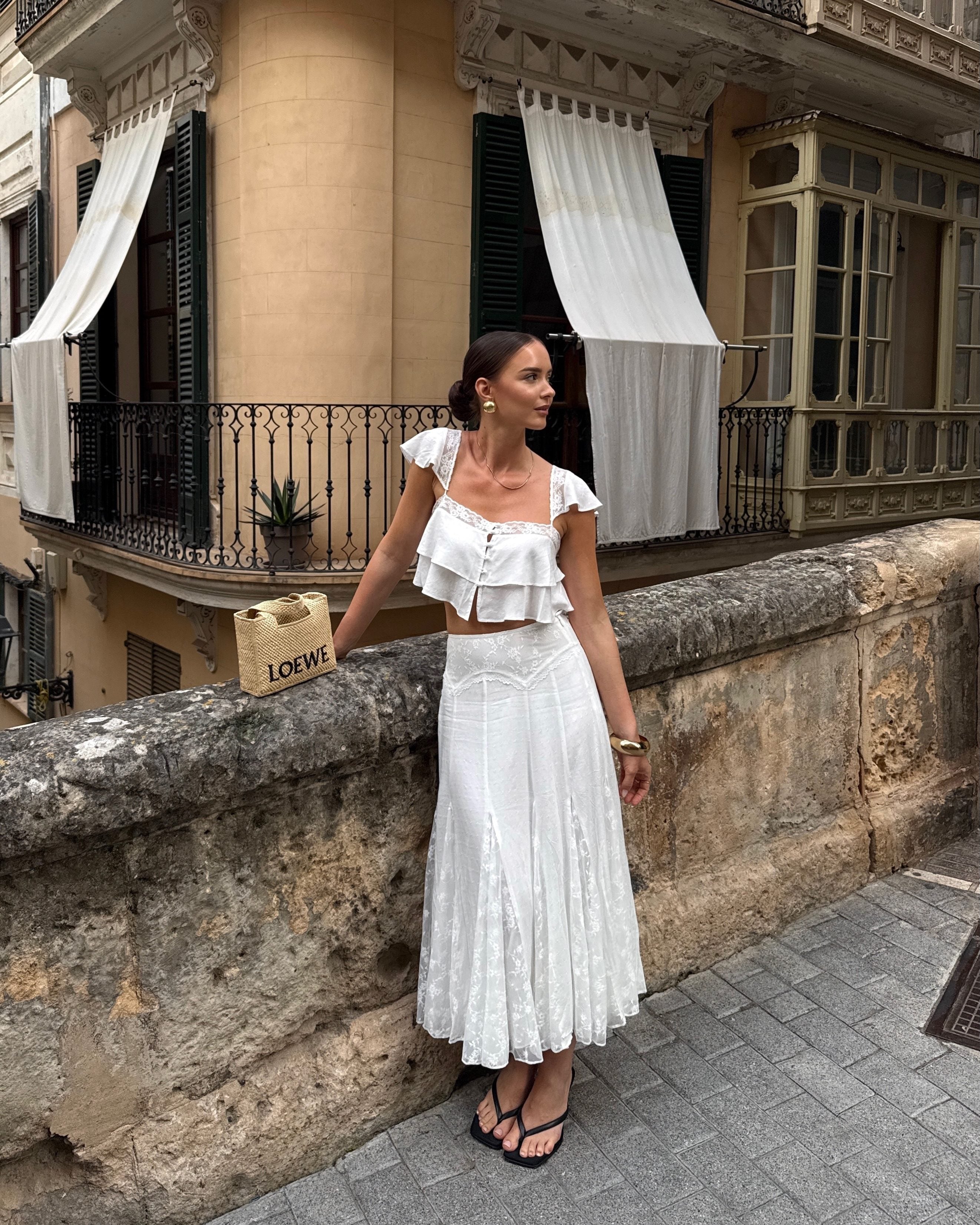 Lace Ruffle Crop Cami & High Waist Flared Midi Skirt 2-Piece Set