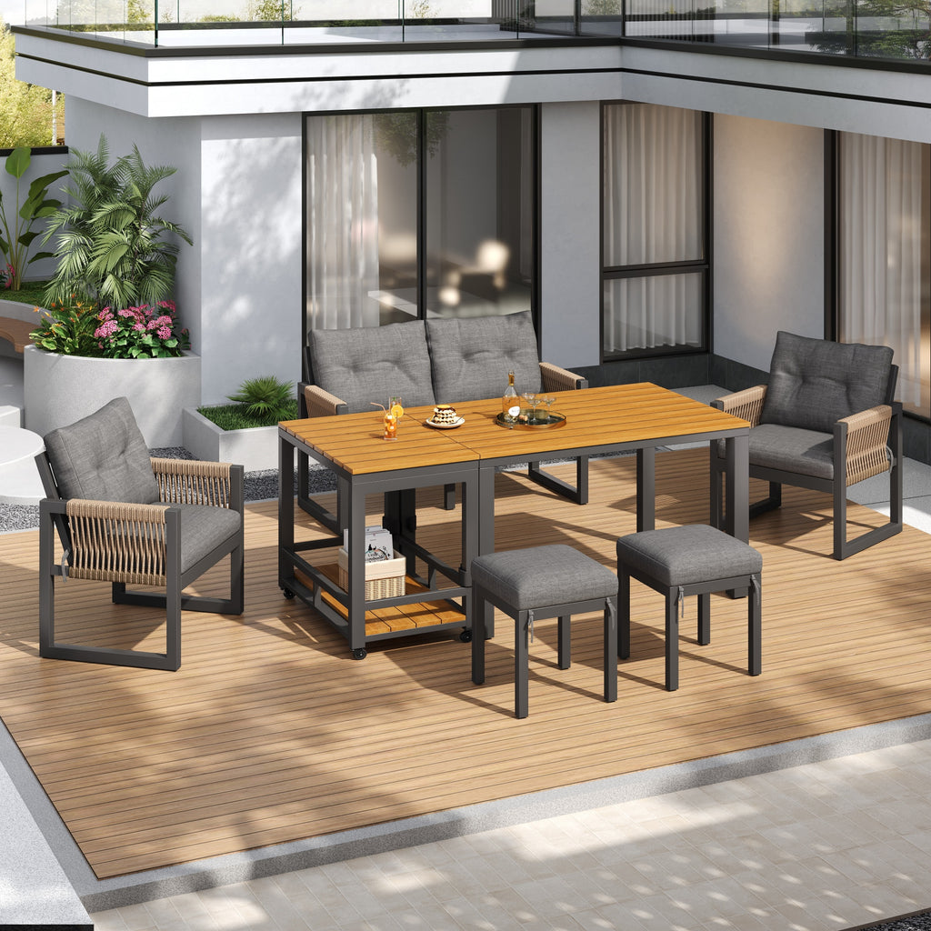 Modern Outdoor Sofa Set , Multi-Person Leisure And Meeting Set , Iron Frame , Braided Armrests , Seat Cushion Included , Multifunctional Table