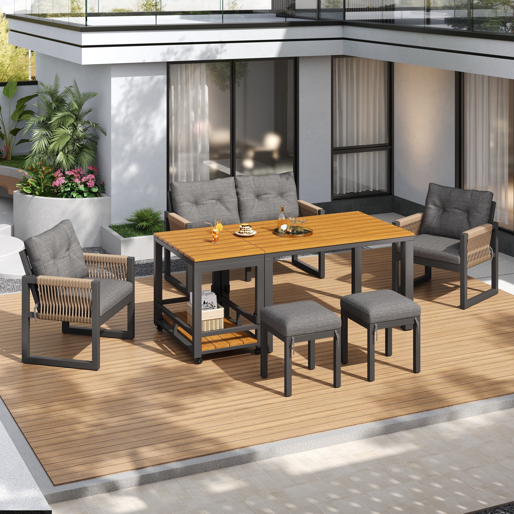 Modern Outdoor Sofa Set , Multi-Person Leisure And Meeting Set , Iron Frame , Braided Armrests , Seat Cushion Included , Multifunctional Table