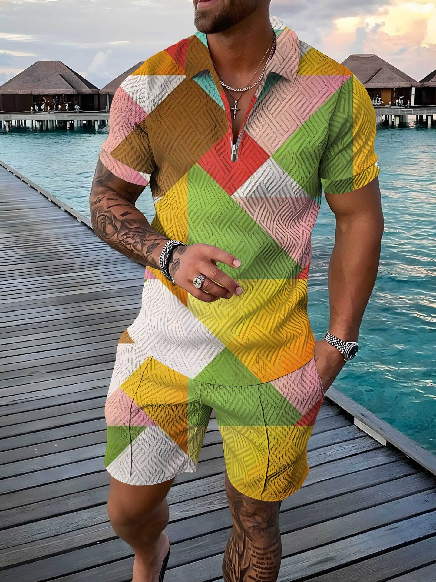 Fashion Zipper Polo Shirt Suit Men's Casual 3D Printed Polo Shirt Shorts