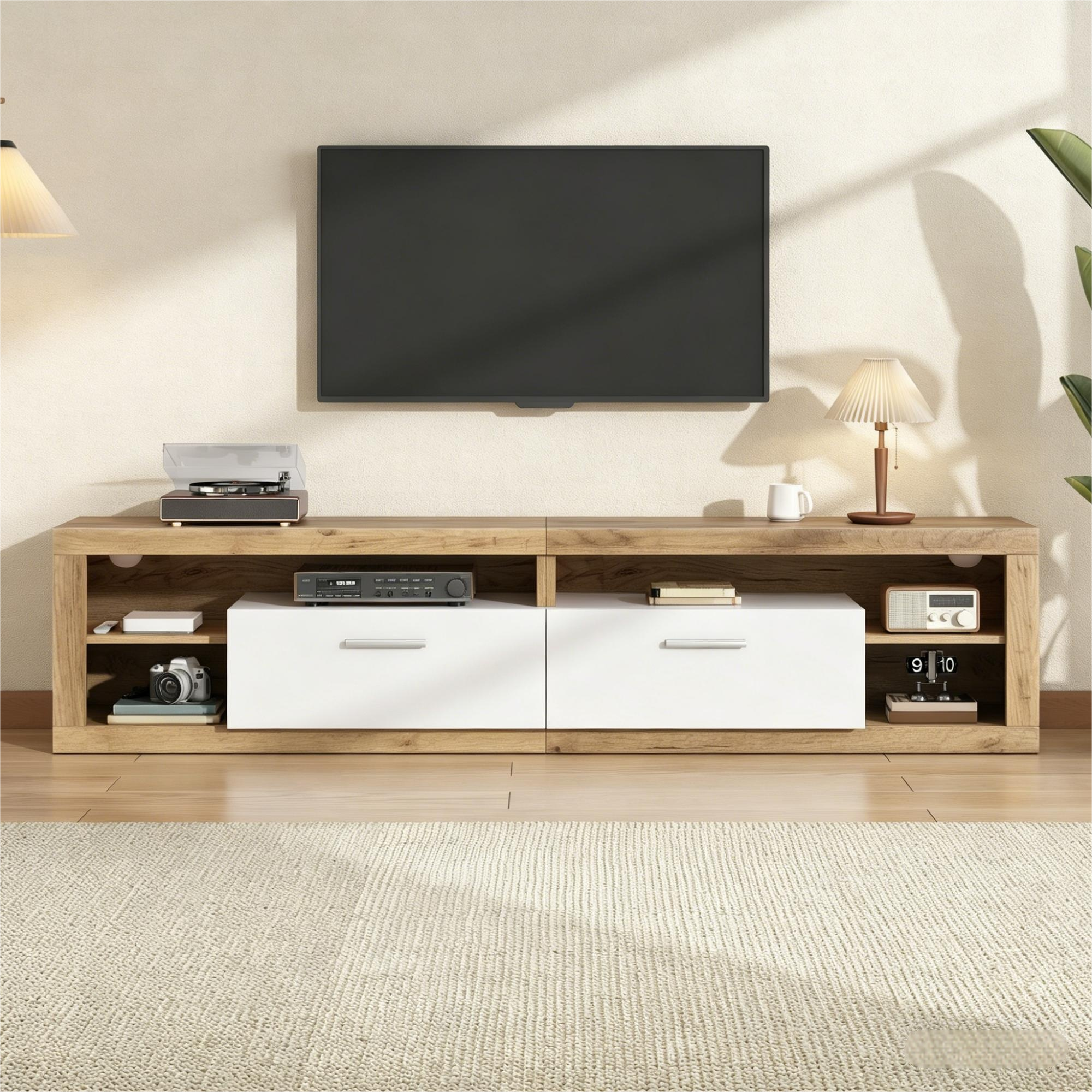 TV Cabinet 180x35.5x50cm With App-controlled LED, 2 Drawers & 4 Open Compartments, TV Cabinet, Lowboard Made Of Chipboard, Loadable Up To 30kg, Suitable For 75 Inch TVs, Natural Wood Color  White