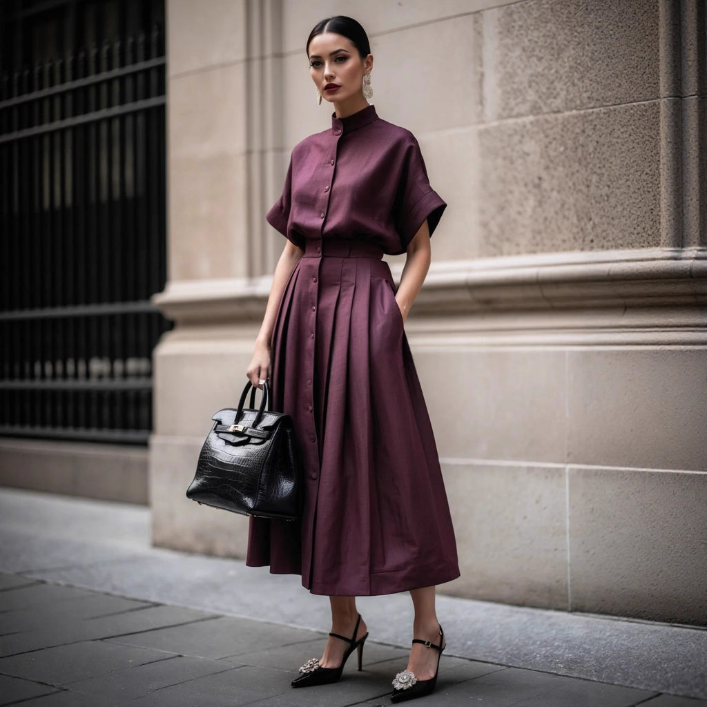Solid-color Short-sleeve Turtleneck Top With Pleated Long Skirt