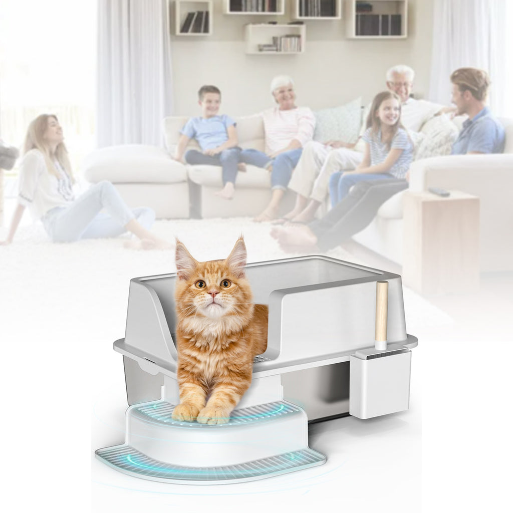 30L Semi Enclosed Cat Litter Box With Footboard And Scoop Stainless Steel Litter Box Plastic Walkway
