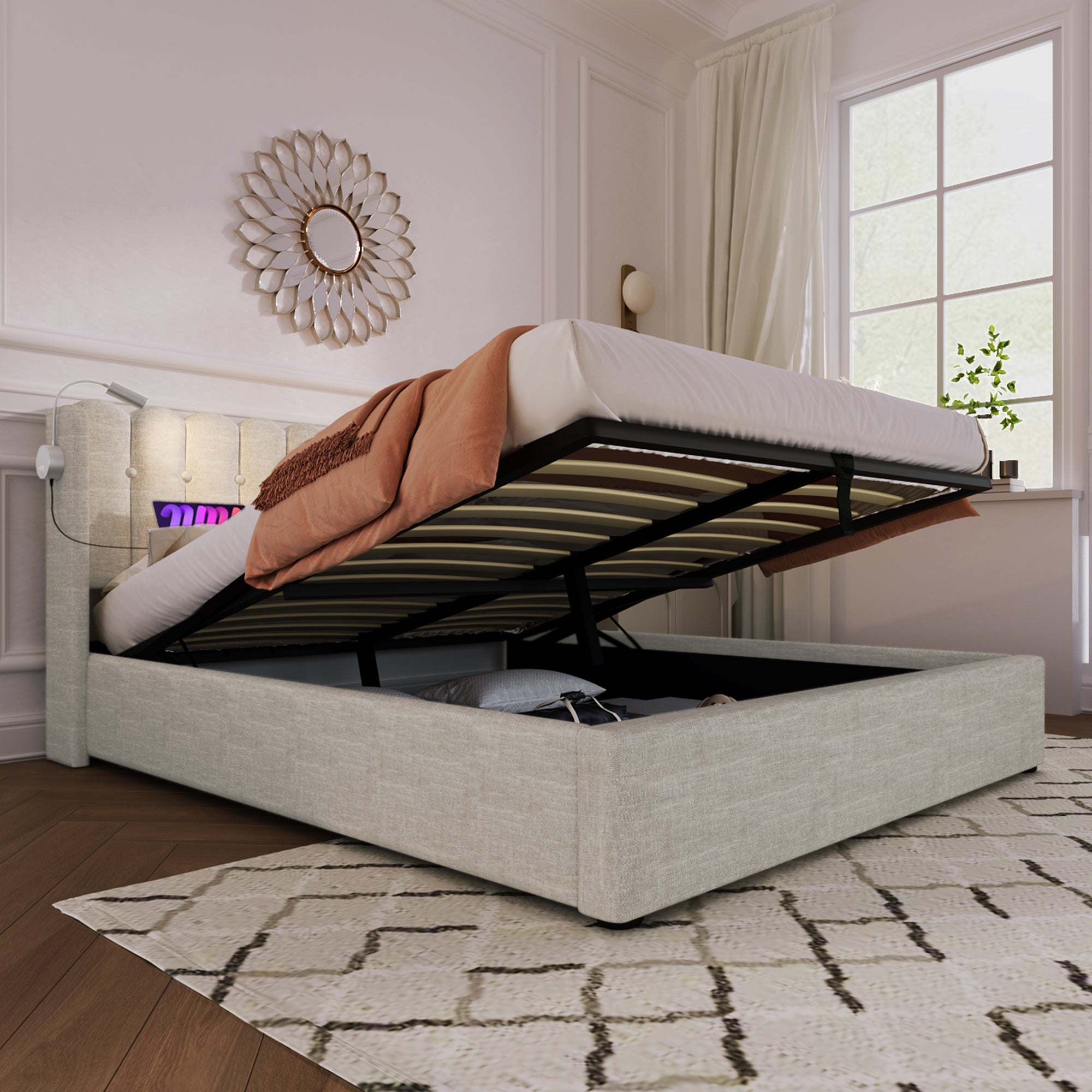 Upholstered Bed Double Bed Reading Light With Charging Function Head Part Storage Bed Frame Linen Material Youth Bed 160x200 With Slate Rust,Of Course Without Mattress