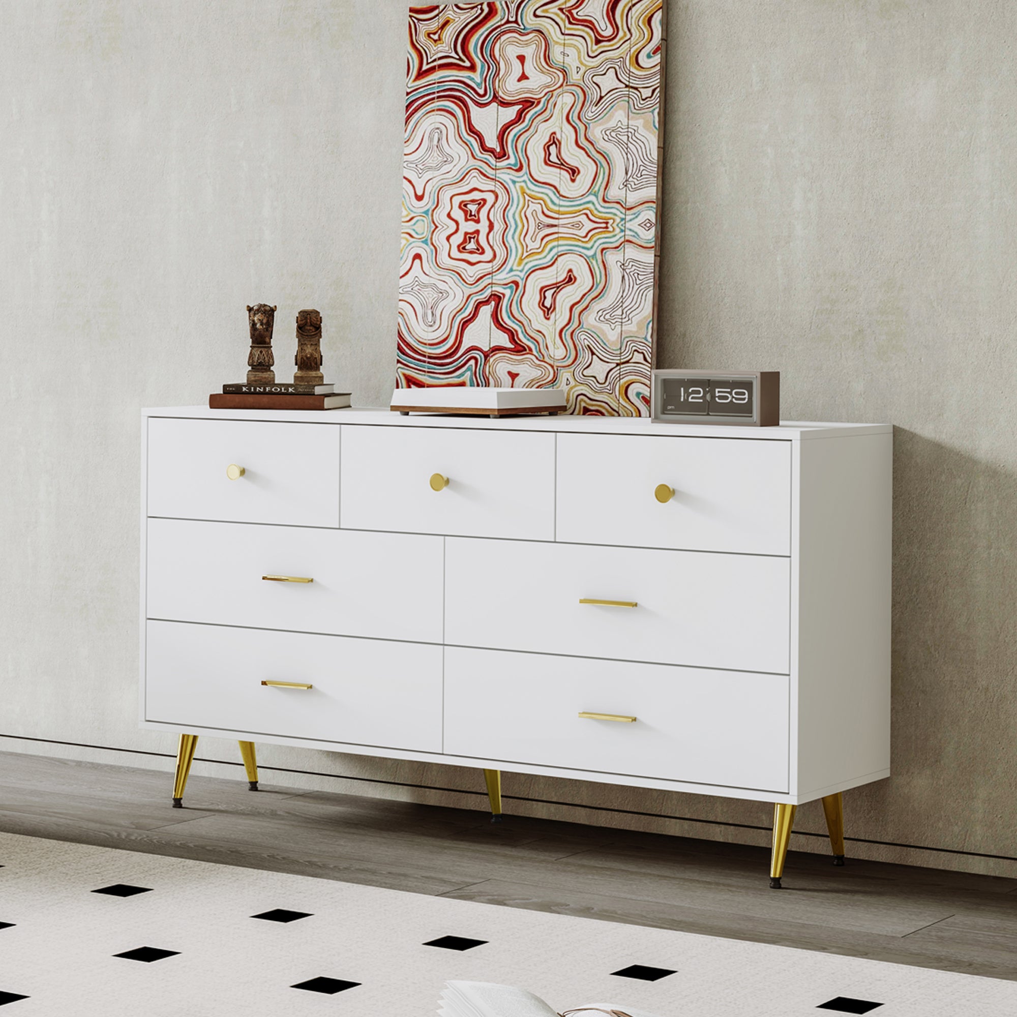 White Sideboard,7 Drawers, Gold Handles, Gold Legs, Smooth Drawer Runners, 140 X 35 X 76 Cm  Dining Room Sideboard  Kitchen Cabinet Storage Unit  Chest Of Drawers