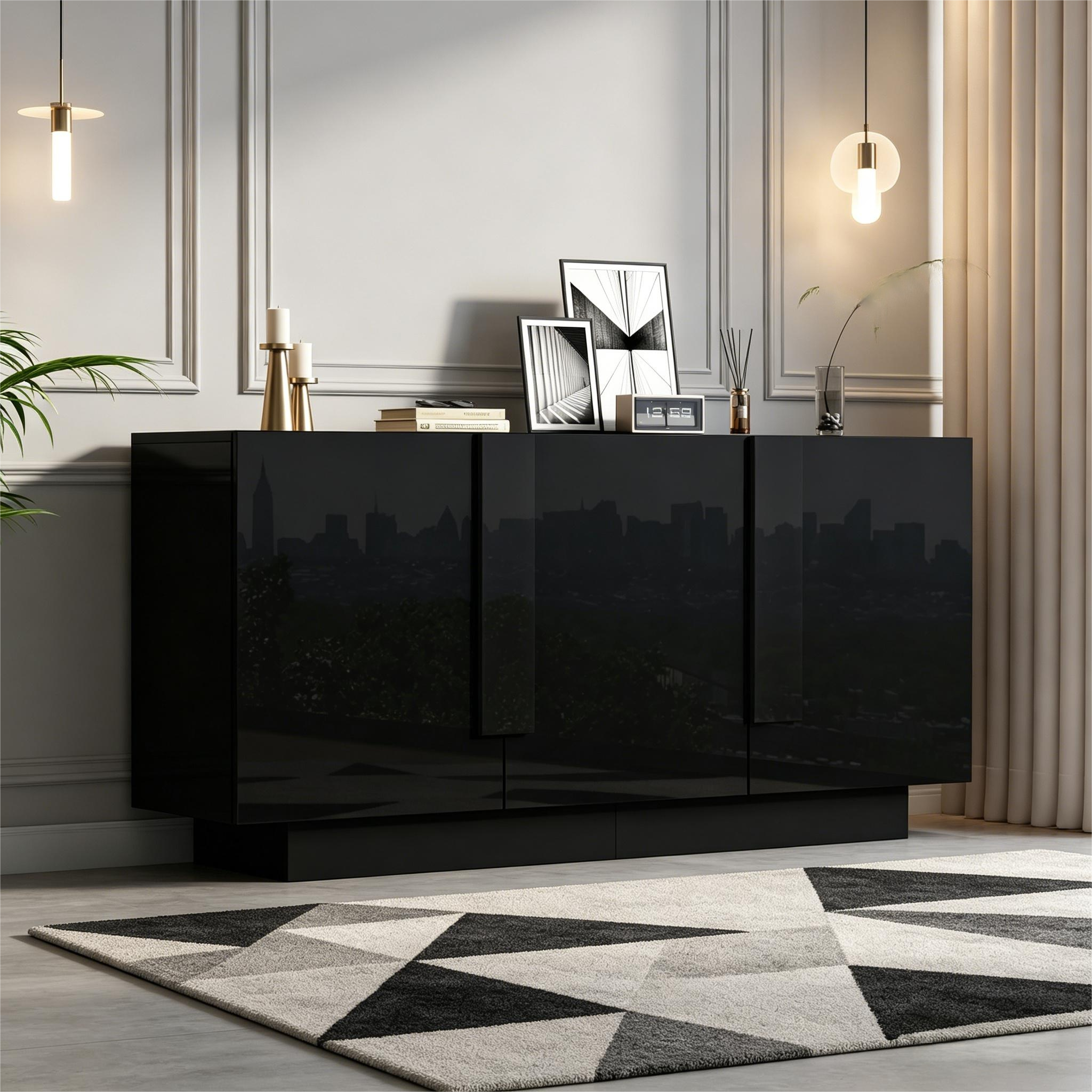 Living Room Sideboard  35 X 160 X 60 Cm , A Living Room Cabinet With 3 Doors, High-gloss Storage, 6 Storage Compartments And Plenty Of Storage Space.Wide Cabinet, Black, Chipboard, Easy To Clean, Ches