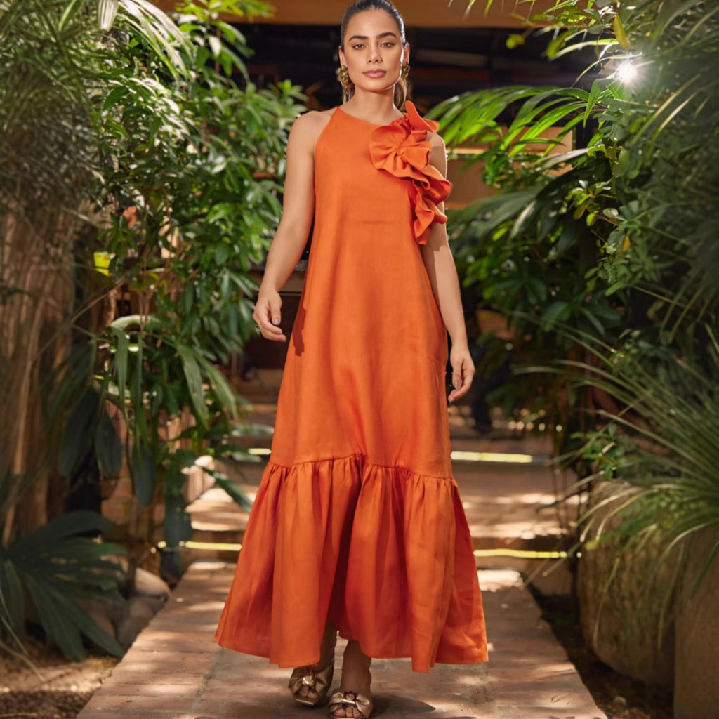 Ruffled-Trim Round-Neck Sleeveless Fashionable Casual Dress