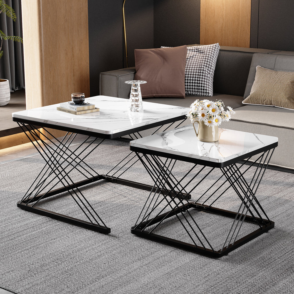 Stylish 2-piece Coffee Table Set, Square Tables In 60x60x45cm & 45X45X40cm, High-gloss Marble Look, Height-adjustable Feet, Loadable Up To 30kg, High-gloss Combi Coffee Table