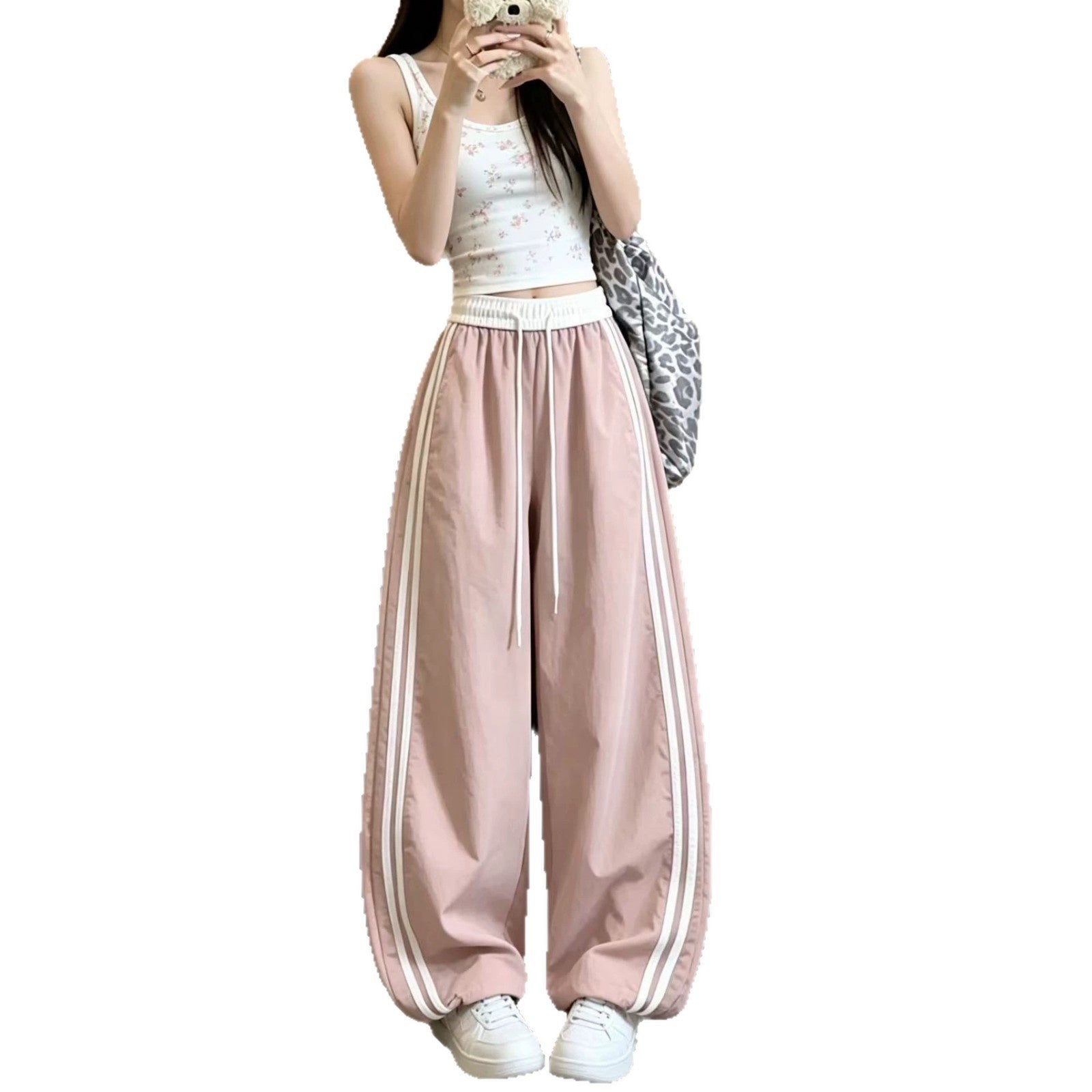 High-waisted Loose-fitting Ankle-tied Striped Pants