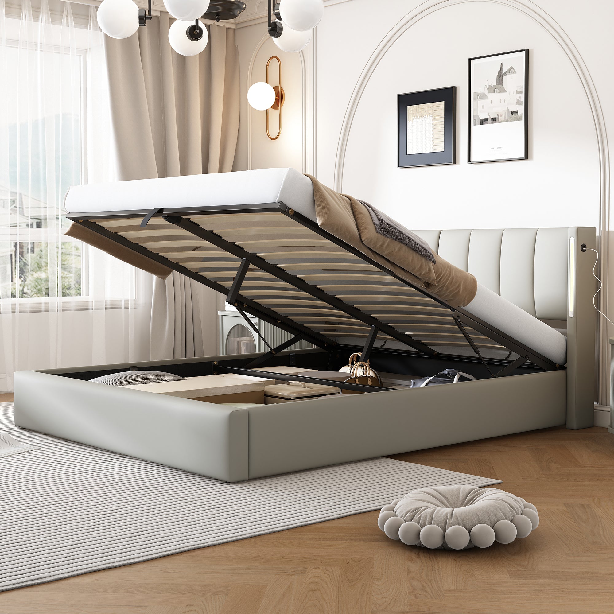 Binaural LED Upholstered Bed 140 X 200 Cm, Hydraulic Bed, Rechargeable USB Port In Bed, With LED Lighting, With Storage, Adjustable Headboard, PU, Grey