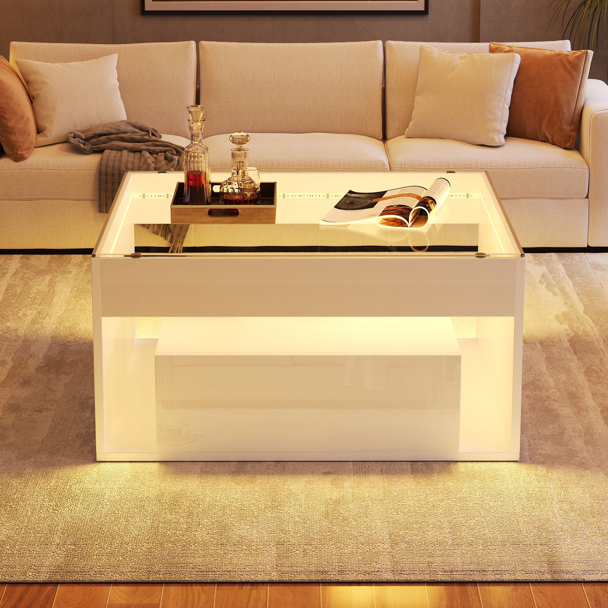70 X 70 X 35 Cm Coffee Table,Side Table With 2 Drawer, Sofa Table, High Gloss Coffee Table,Living Room Table With Openwork Design,Desk And Dining Table In Tempered Glass With LED,White