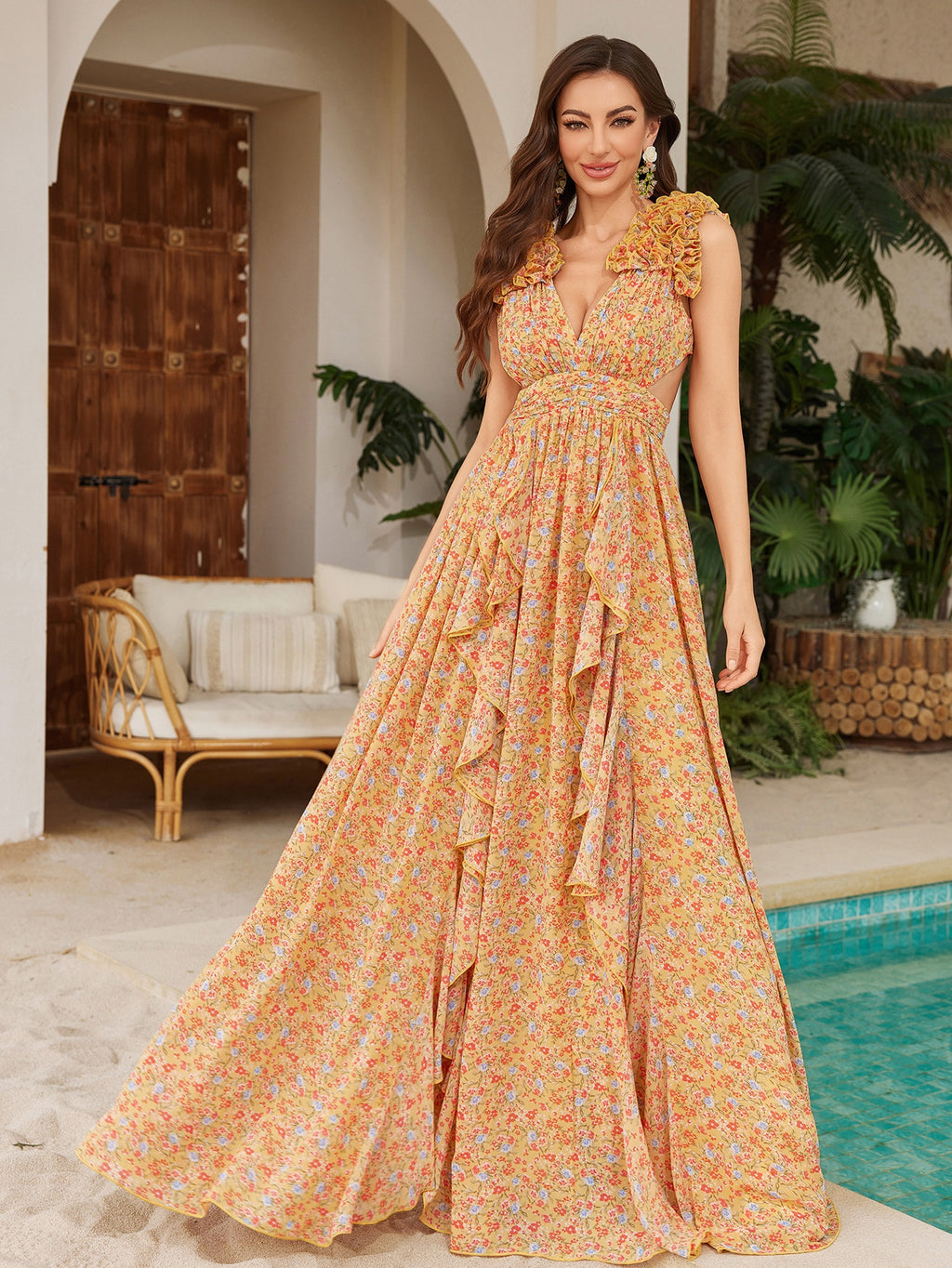 Womens Floral Printed Asymmetrical Slit Chiffon Lace Elegant Dress