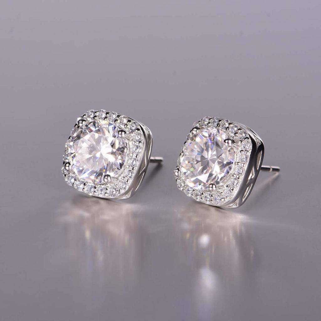 S925 Sterling Silver Cushion Halo Stud Earrings, 7mm D-VVS1 Moissanite, Platinum Plated 2.6g Women's Jewelry Gift Box