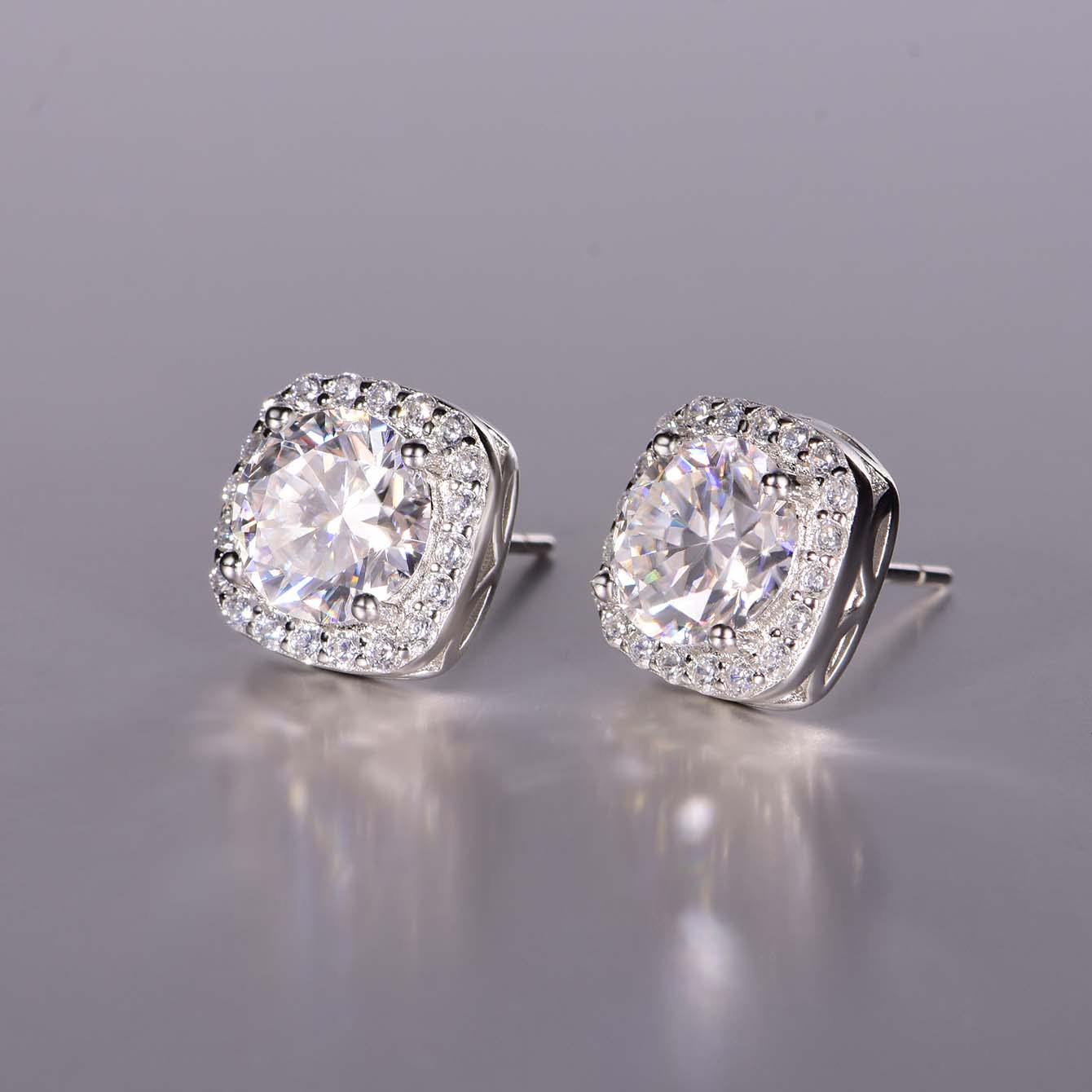 S925 Sterling Silver Cushion Halo Stud Earrings, 7mm D-VVS1 Moissanite, Platinum Plated 2.6g Women's Jewelry Gift Box