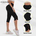 Women's High-waisted, Elastic, Waist-cinching, Tight-fitting Caprix Pants With Slit Buttons At The Hem For A Slimming Look. Wear This Sporty Mid-length Pants Over It