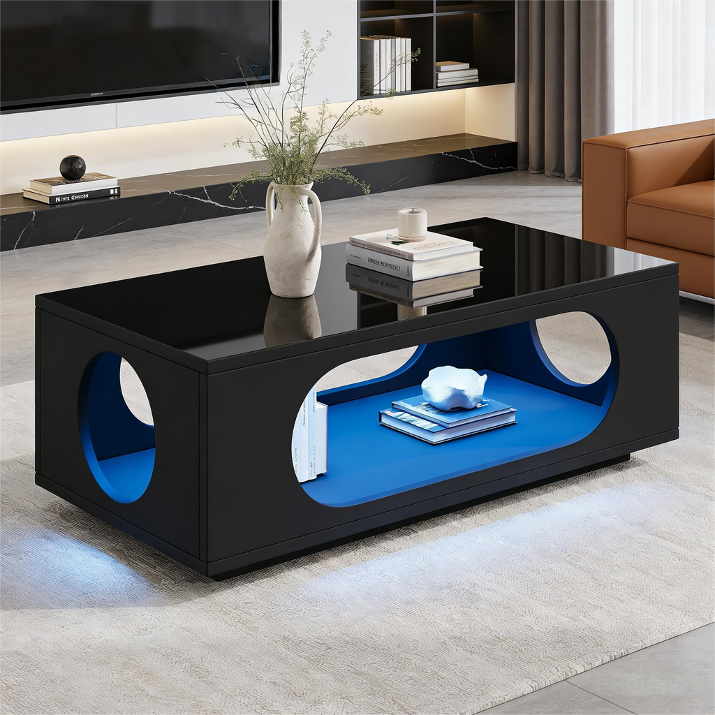 Coffee Table With LED Lighting  App Control , 100x50x35cm, MDF Material, 30kg Load Capacity,High Gloss Openwork Coffee Table,Large Storage Side Table,Sofa Table,Black