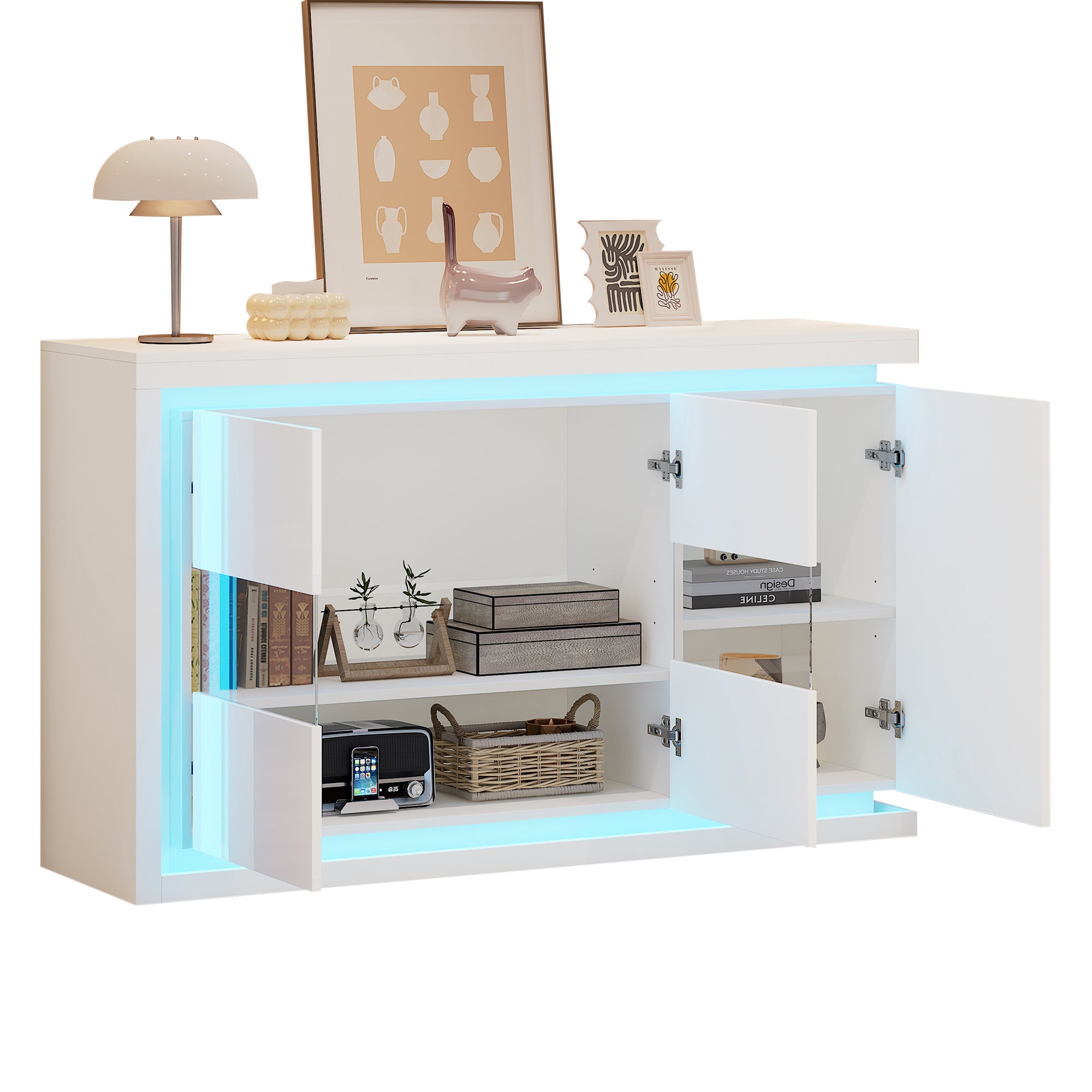 140x40x84cm Living Room Cabinet,Modern Dresser With 4 Compartments, Width 140cm,Side Cabinet With LED Light Strip,High Gloss Sideboard With Tempered Glass Doors,Suitable For Hallways, Living Room, Off