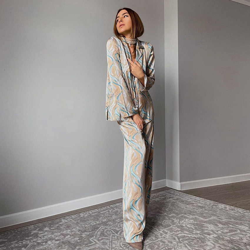 Hot Casual Cardigan Printed Imitated Silk Pajamas Two-piece Set