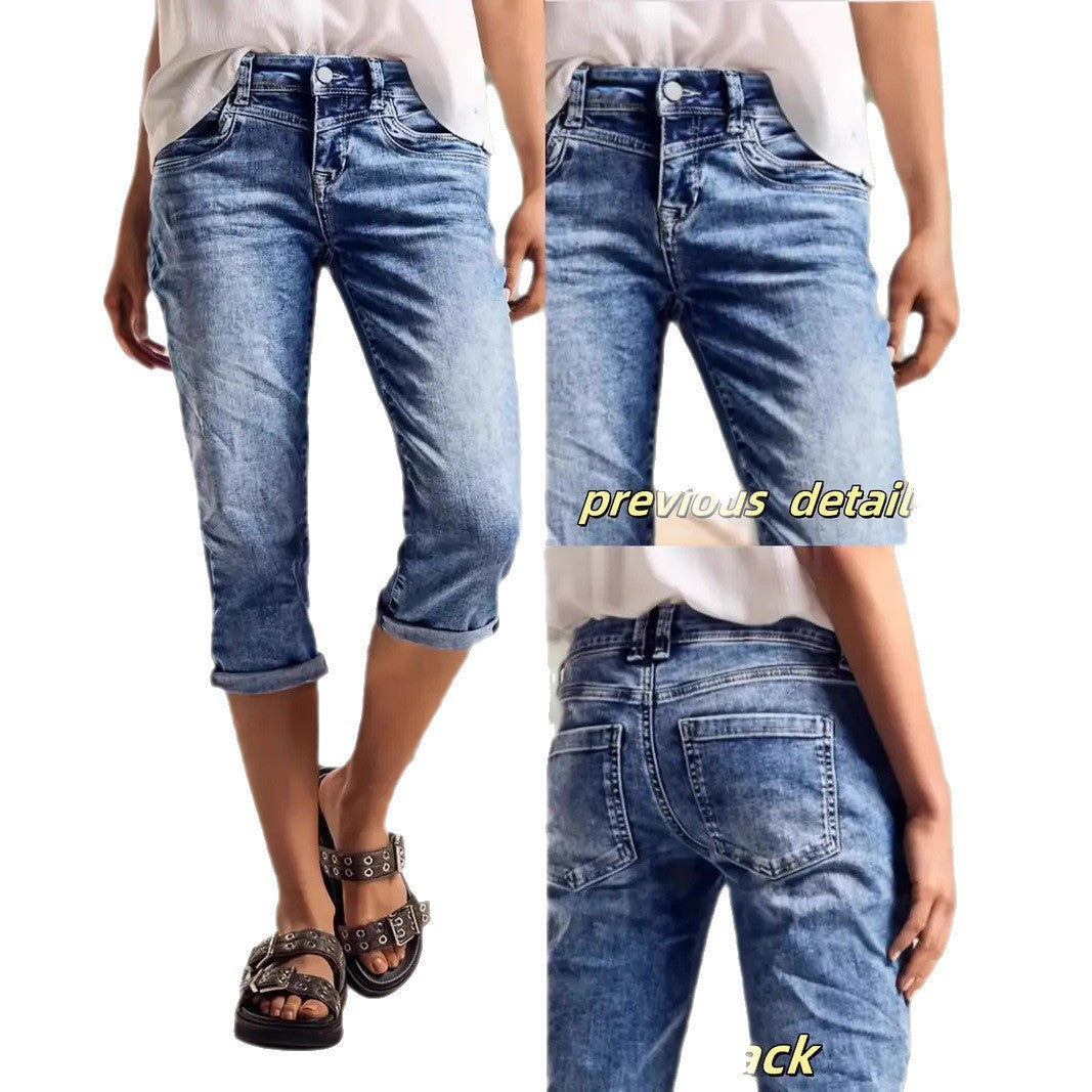 Crafted Wash Cuffed Hem Versatile Denim Mid-length Shorts