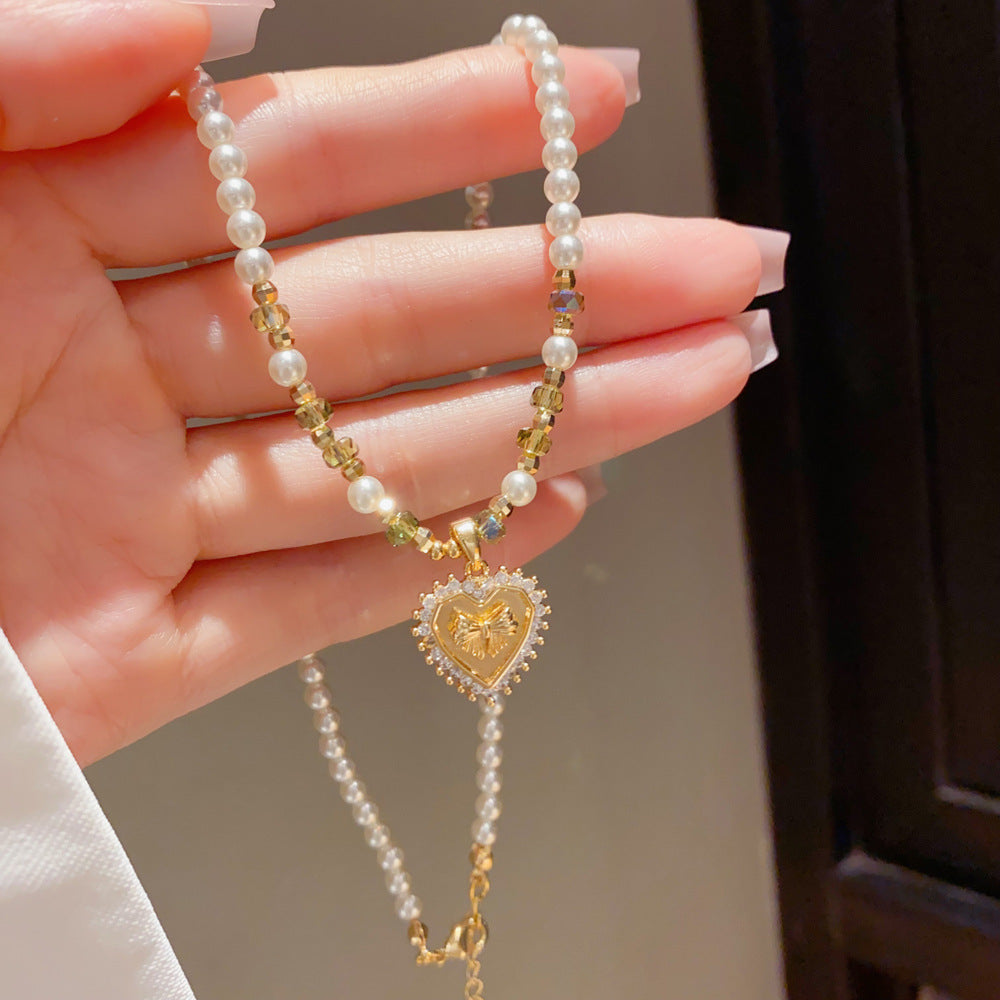 French-style Light-Luxury Zircon Metal Heart Pearl Necklace