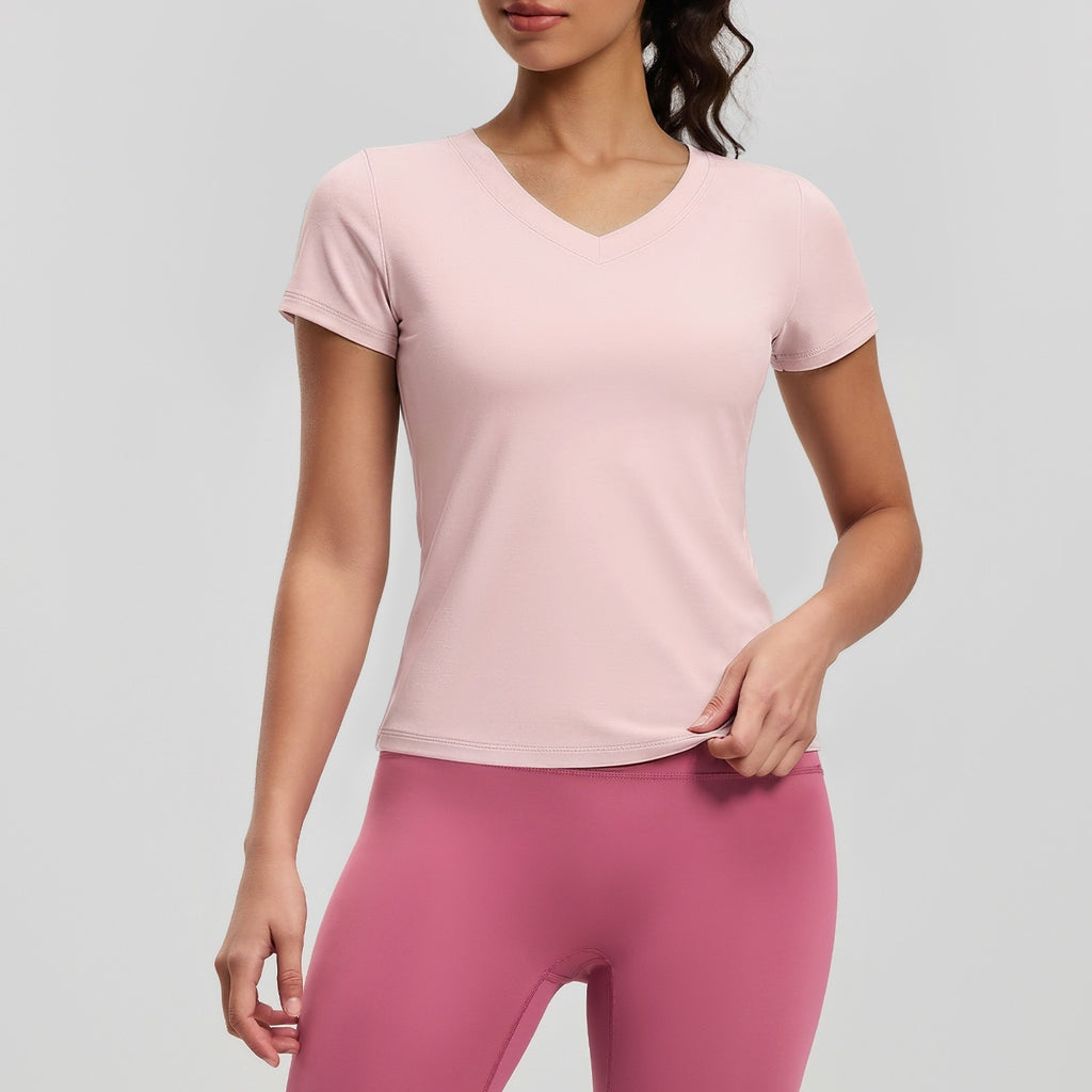 Peach-Color Basic V-Neck Short-Sleeve Sports Yoga Top For Women