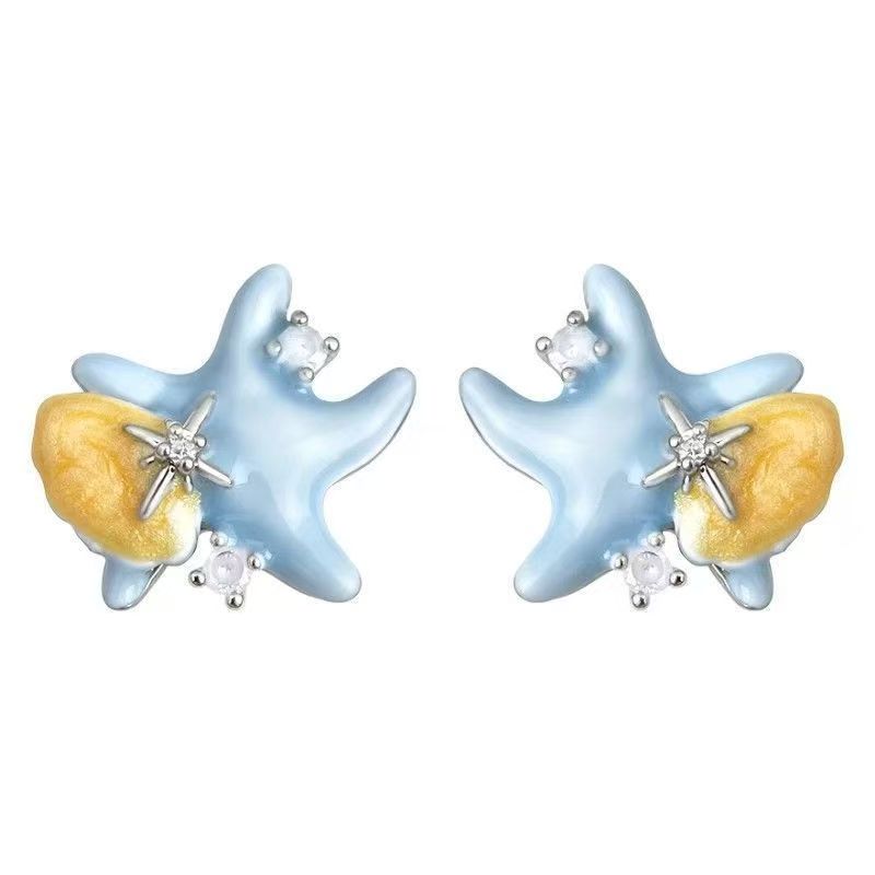 Original Designed Enamel Glaze Creamy Blue Starfish & Shell Zircon Stud Earrings, Niche Personalized Light Luxury High-End Ear Jewelry For Women