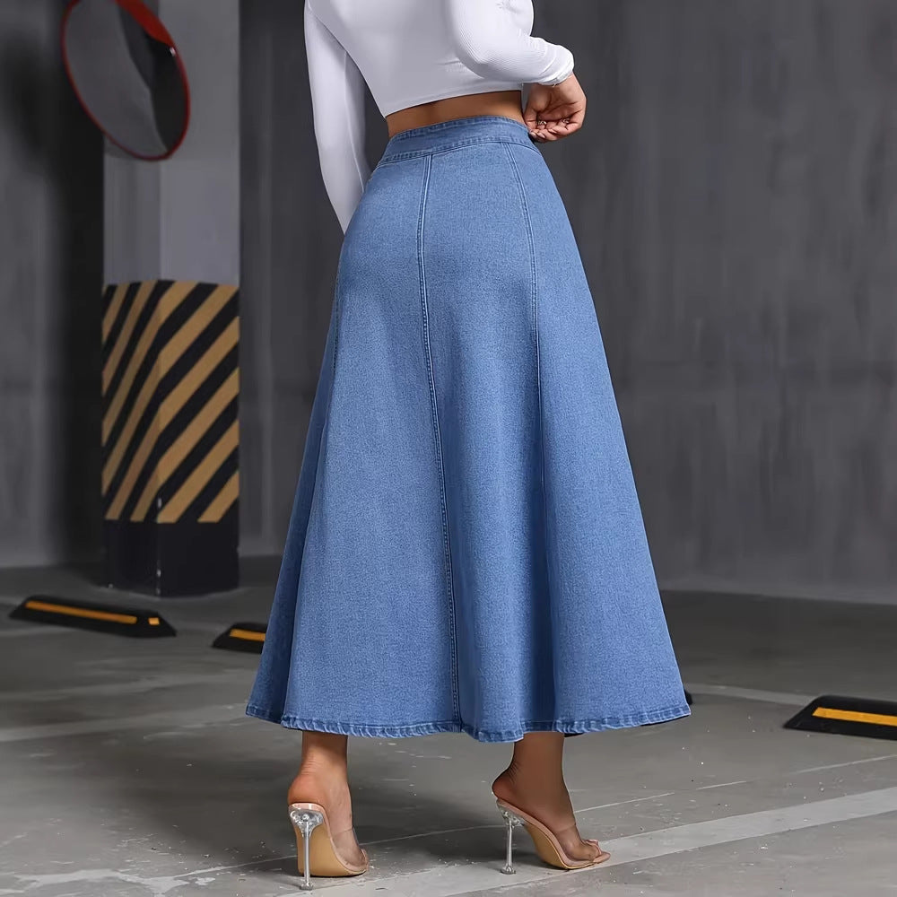 Womens Solid-Color Buttoned Hem Denim Skirt