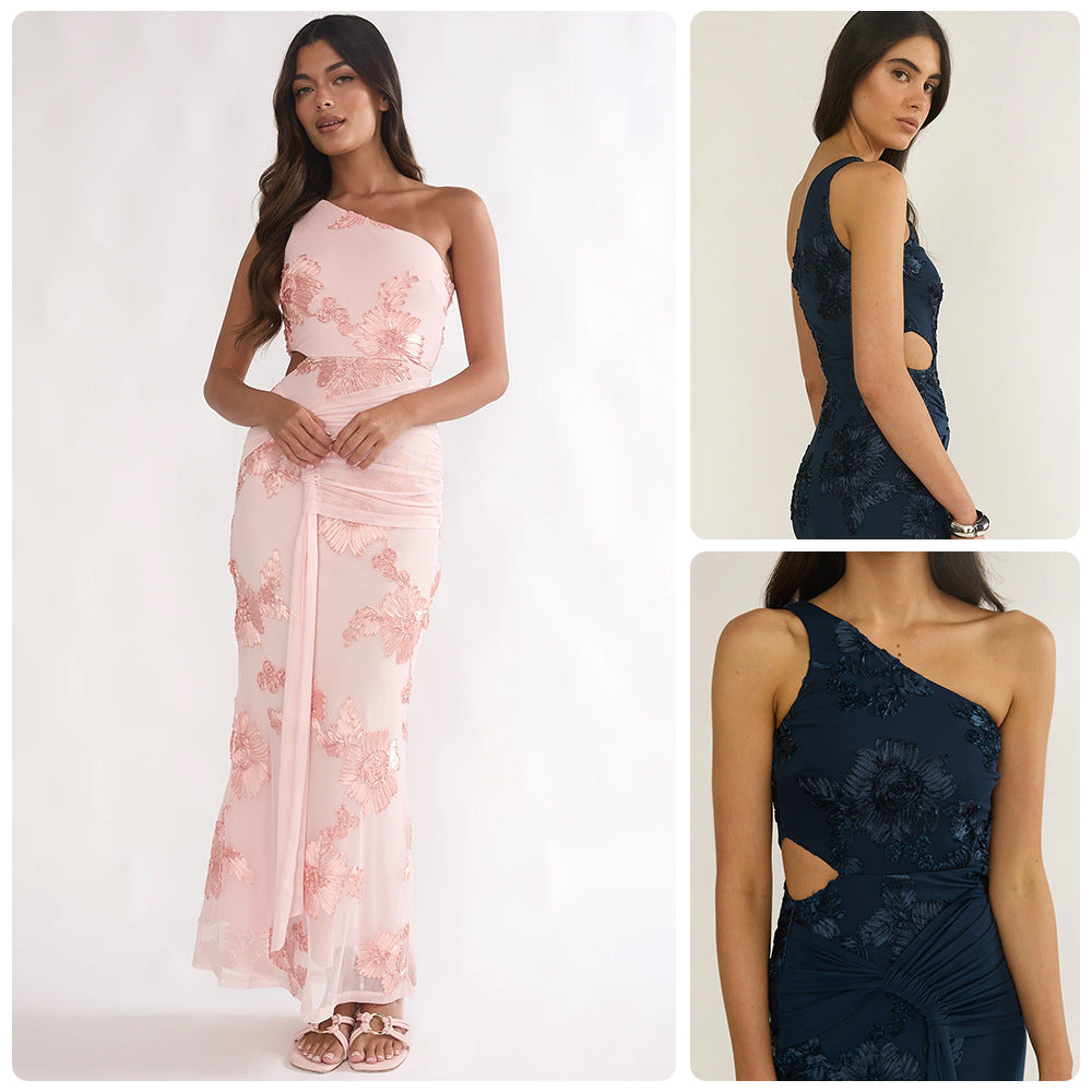 One-shoulder Floral-embroidered Dress With Waist Pleating And A Draped Silhouette