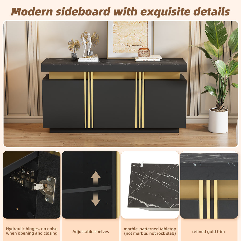 140x38x70cm Modern Black Sideboard Display, 3 Doors, Dining Room Cabinet With Adjustable Dividers, Perfect For Kitchen, Living Room, Dining Room, Hallway,Black And Gol, Wide Handleless Lockers