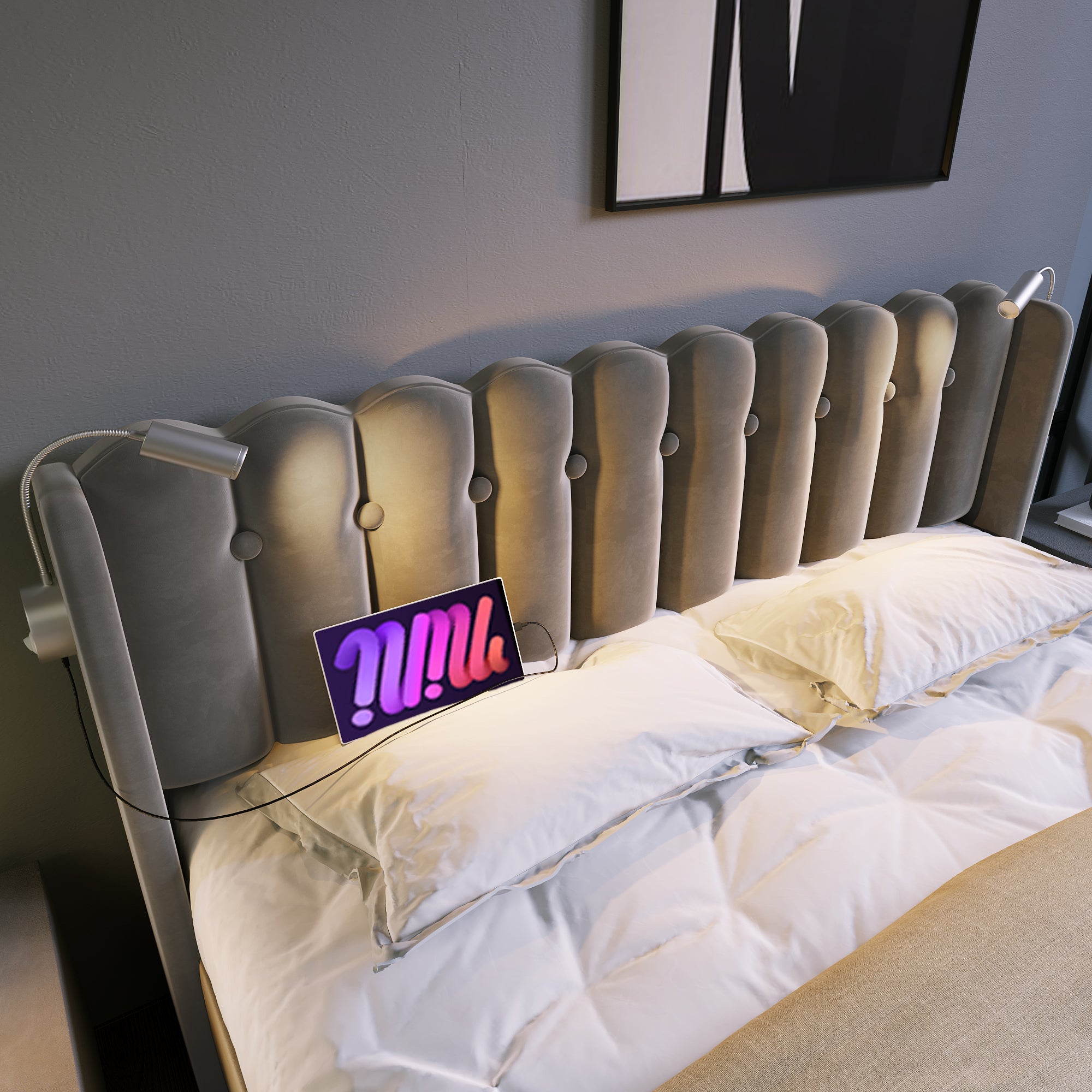 Upholstered Bed Double Bed Reading Light With Charging Headboard Storage Bed Frame Velvet Youth Bed 140x200 With Slatted Base,Grey Without Mattress