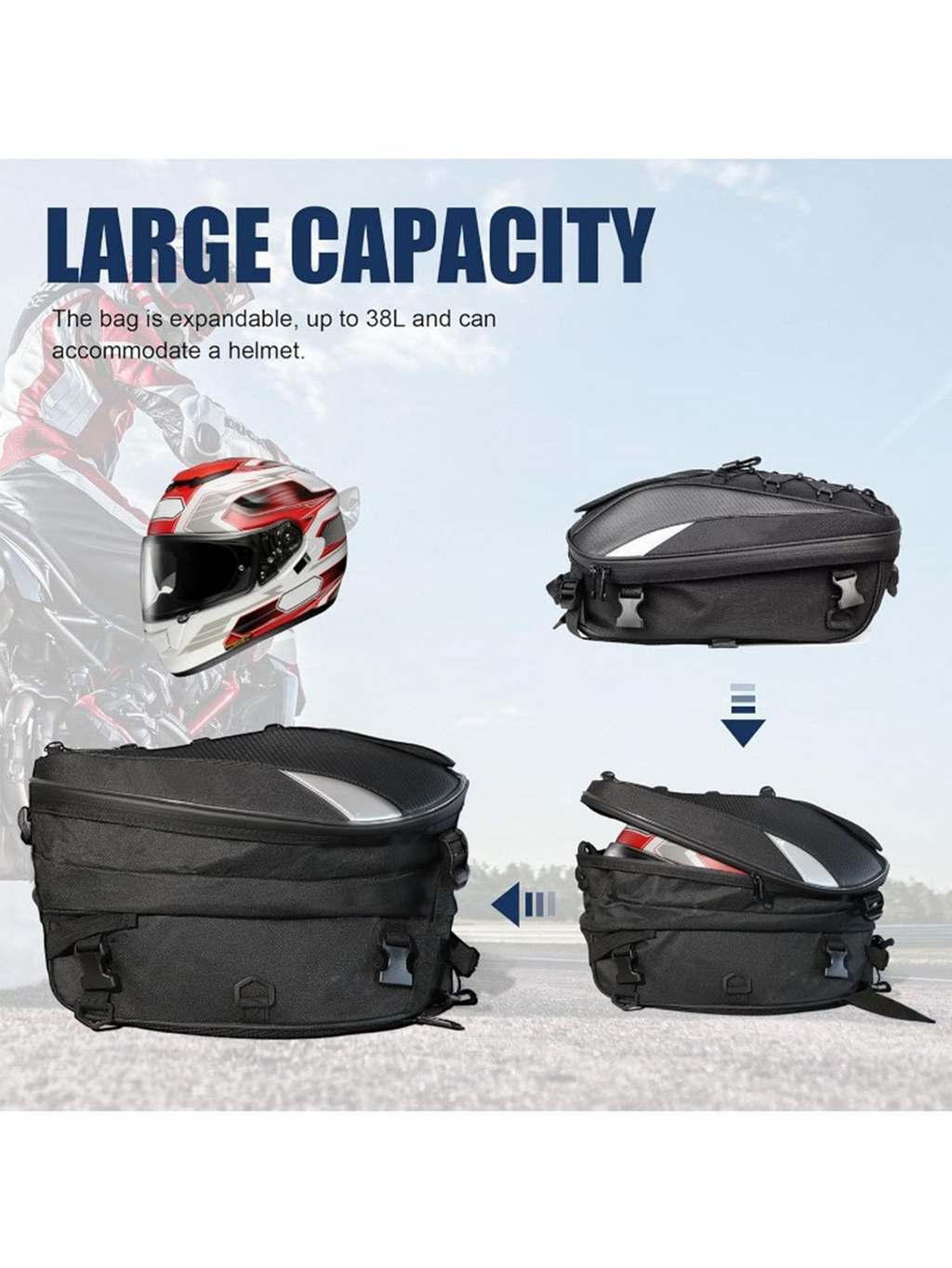 Motorcycle Rear Seat Tail Bag Motorbike Luggage Helmet Storage Backpack Grey