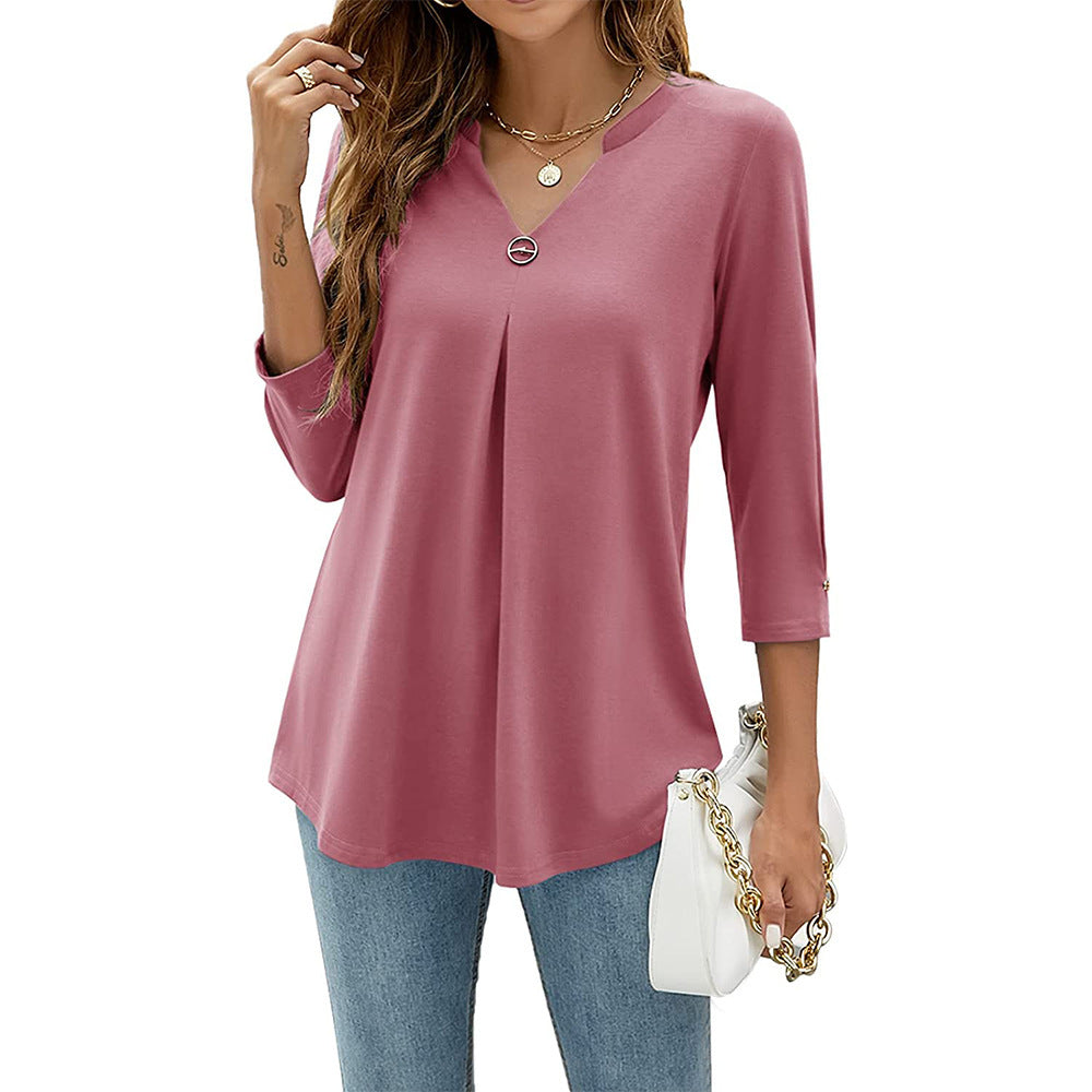 Womens Solid-Color V-Neck Pleated T-Shirt With Three-Quarter Sleeves And Button Accents