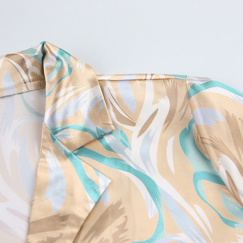 Hot Casual Cardigan Printed Imitated Silk Pajamas Two-piece Set
