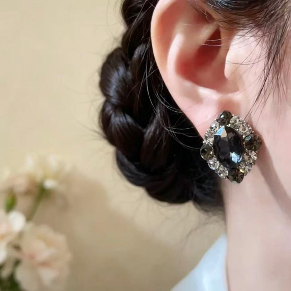 2026 Bestselling Maillard Retro Coffee Rhombus Full Rhinestone Snap Hoop Earrings, Sparkling Luxury Diamond Inlaid Ear Buckles For Women
