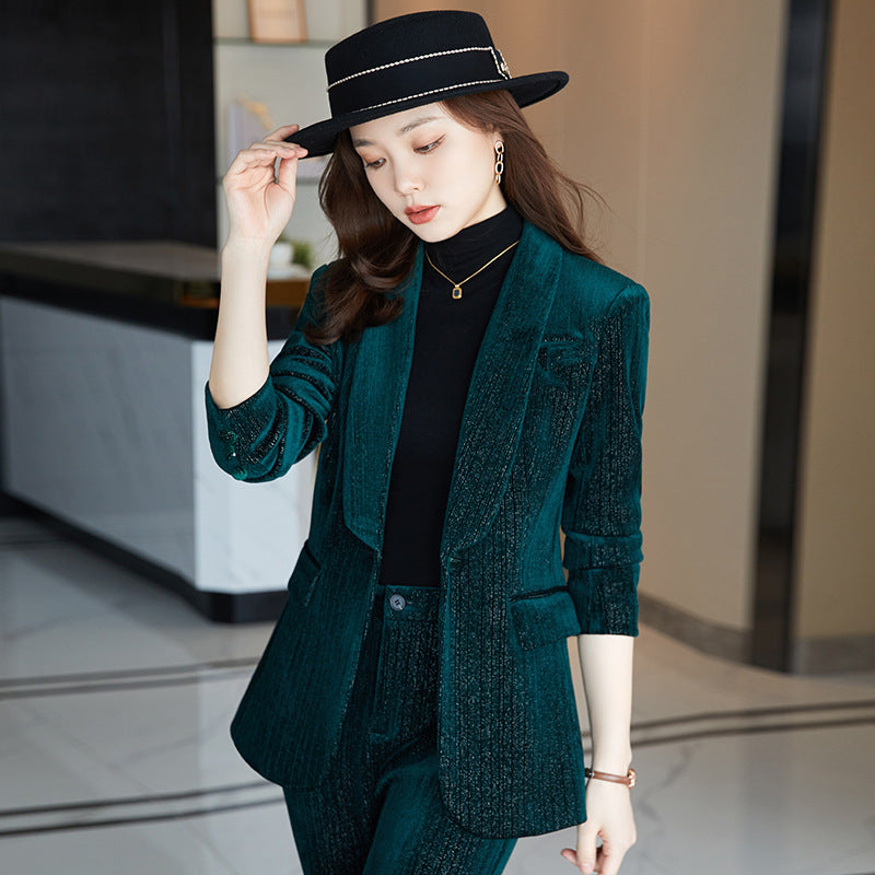Pure Color Short-sleeved Temperament Gold Velvet Pants Suit