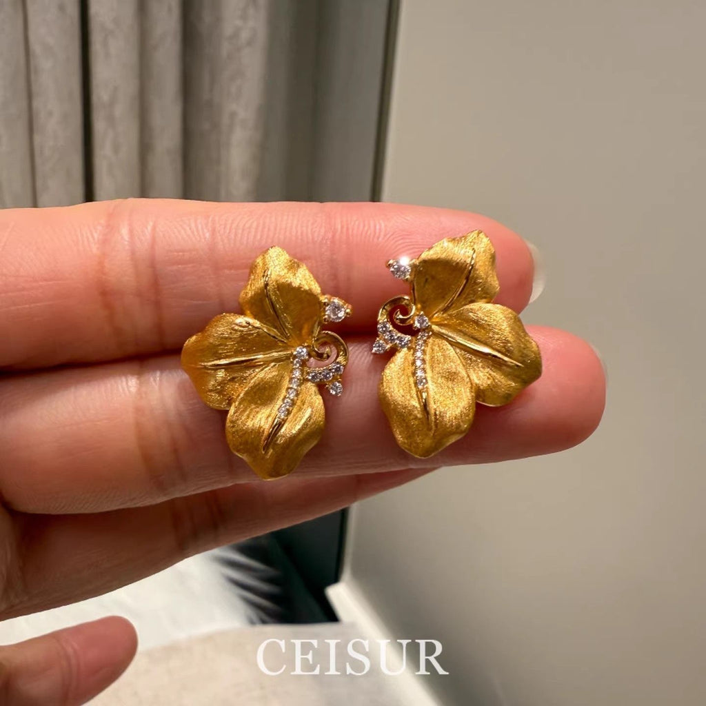 Italian Style Brushed Phalaenopsis Rhinestone Stud Earrings, Retro Heavy Craft All-Match Autumn Winter Fashion Ear Jewelry For Women