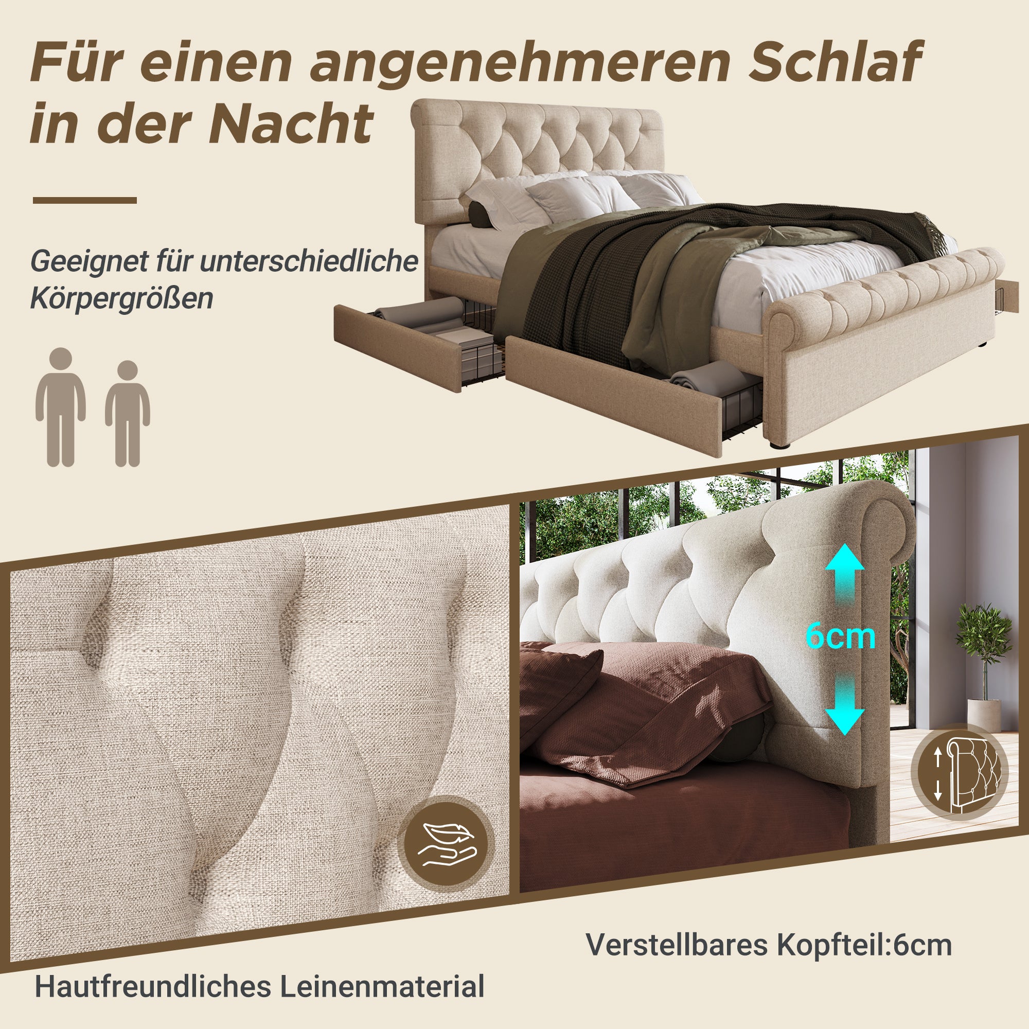 Doppelbett Polsterbett 140x200cm, Bettgestell Mit 4 Schubladen Und Hohenverstellbarem Kopfteil, Chesterfield Funktionsbett, Naturlich,Mit Matratze