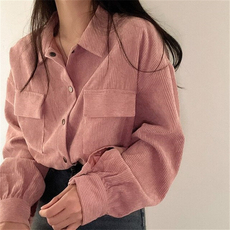 Notch-collar Cropped Drawstring Long-sleeve Shirt Corduroy Jacket