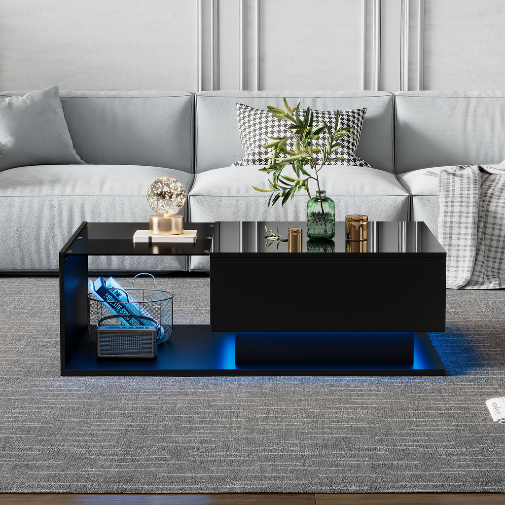 High-gloss Black Coffee Table 100x50x32 Cm - With Glass Top And Drawers, Scratch-resistant, With 1 Drawer, With LED Lighting, Modern Style