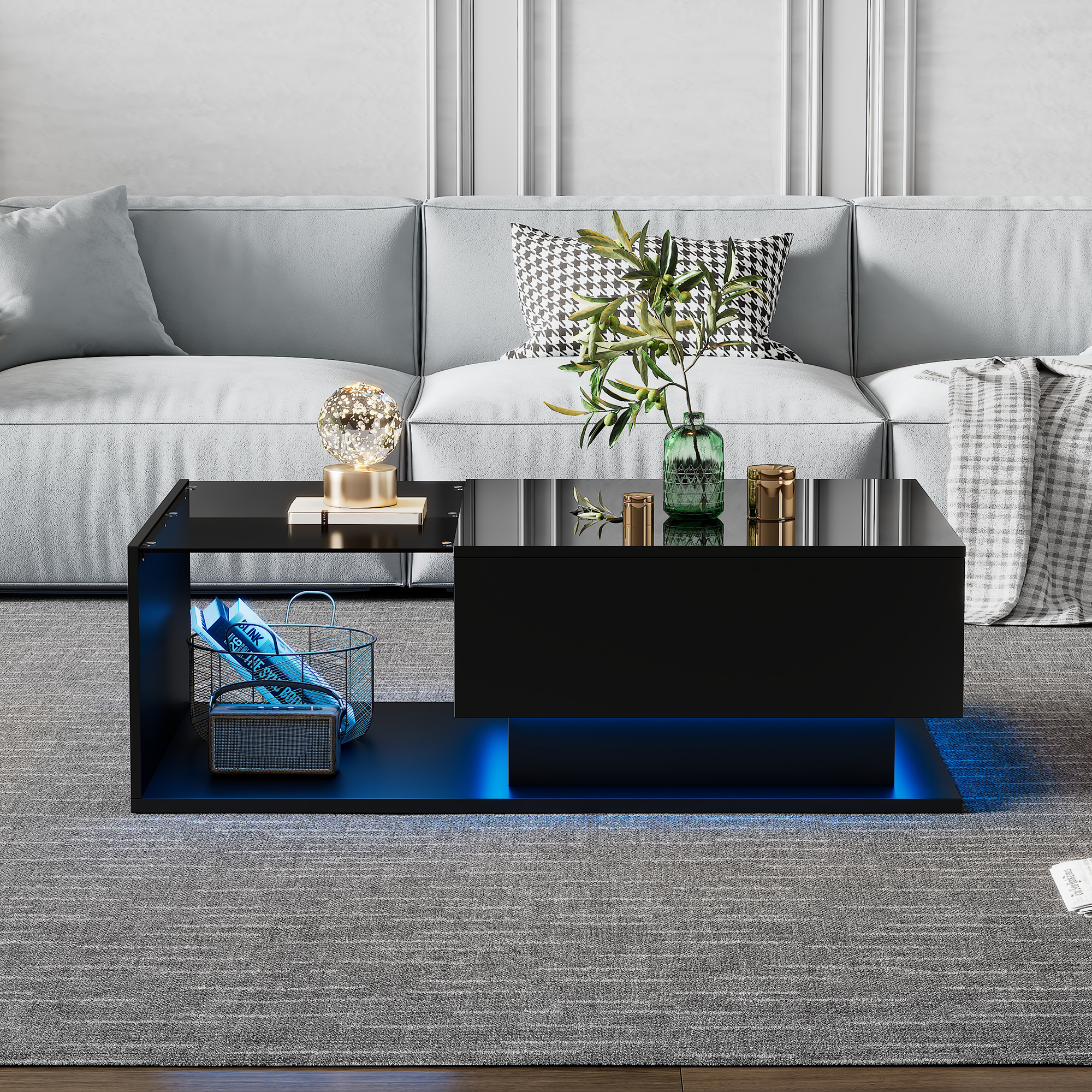 High-gloss Black Coffee Table 100x50x32 Cm - With Glass Top And Drawers, Scratch-resistant, With 1 Drawer, With LED Lighting, Modern Style