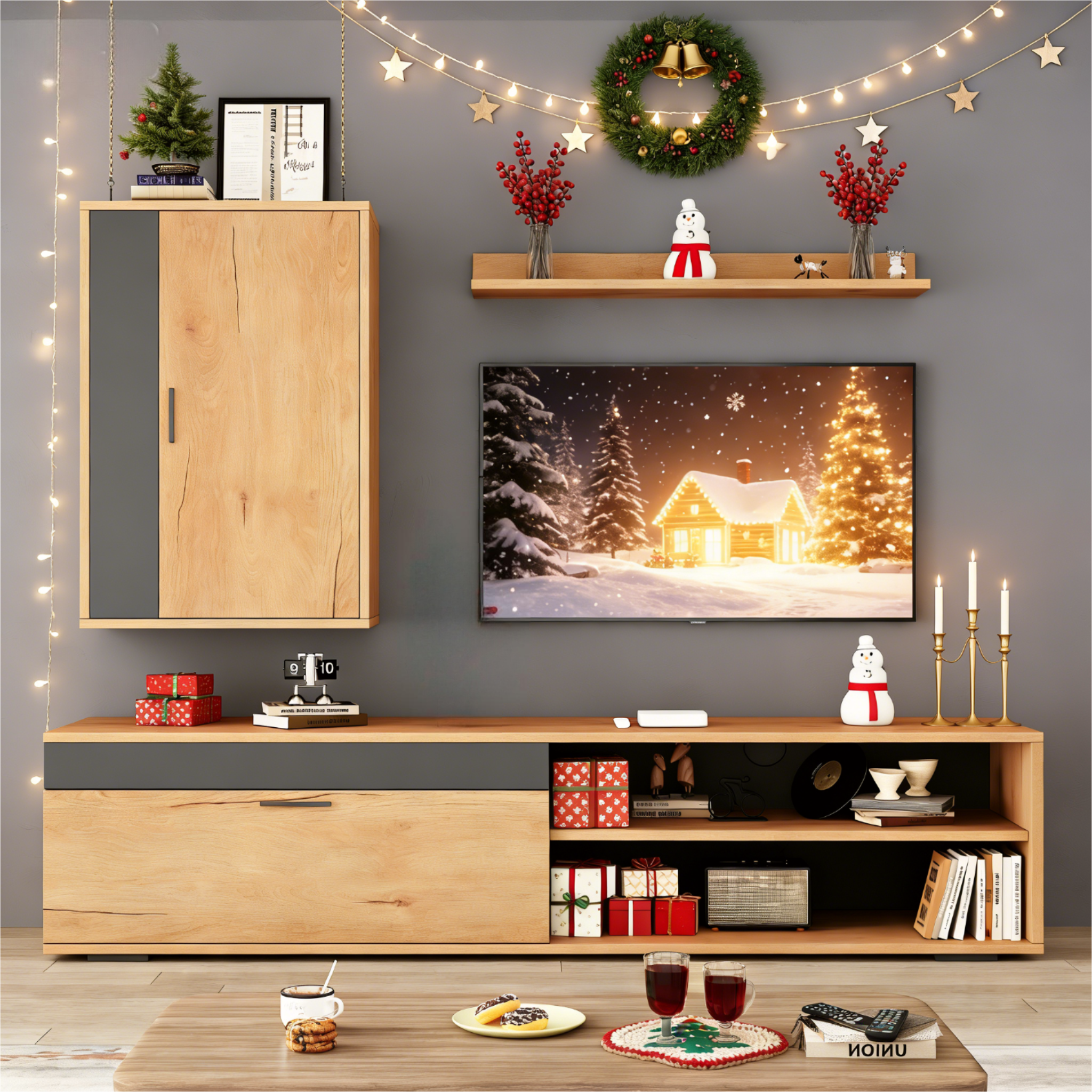 140x35x39cm TV Wall Unit Set Complete Set, 3 Pcs , Media Wall Incl. TV Board, Stand Shelf And Wall Shelf, TV Living Room Furniture Set, Modern TV Cabinet, Standing And Hanging, Wood Color Black