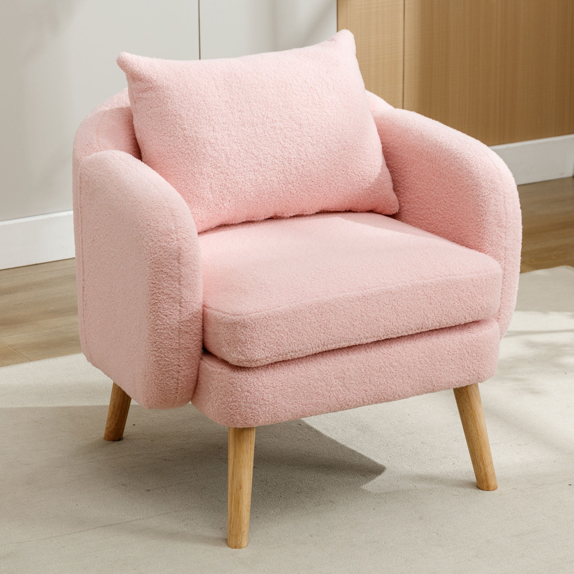Modern, Simple Teddy Velvet Armchair With Cushion, Extra Thick Cushion Chair, Single Sofa Armchair, Upholstered Armchair, Leisure Chair, Solid Wood Leg Chair