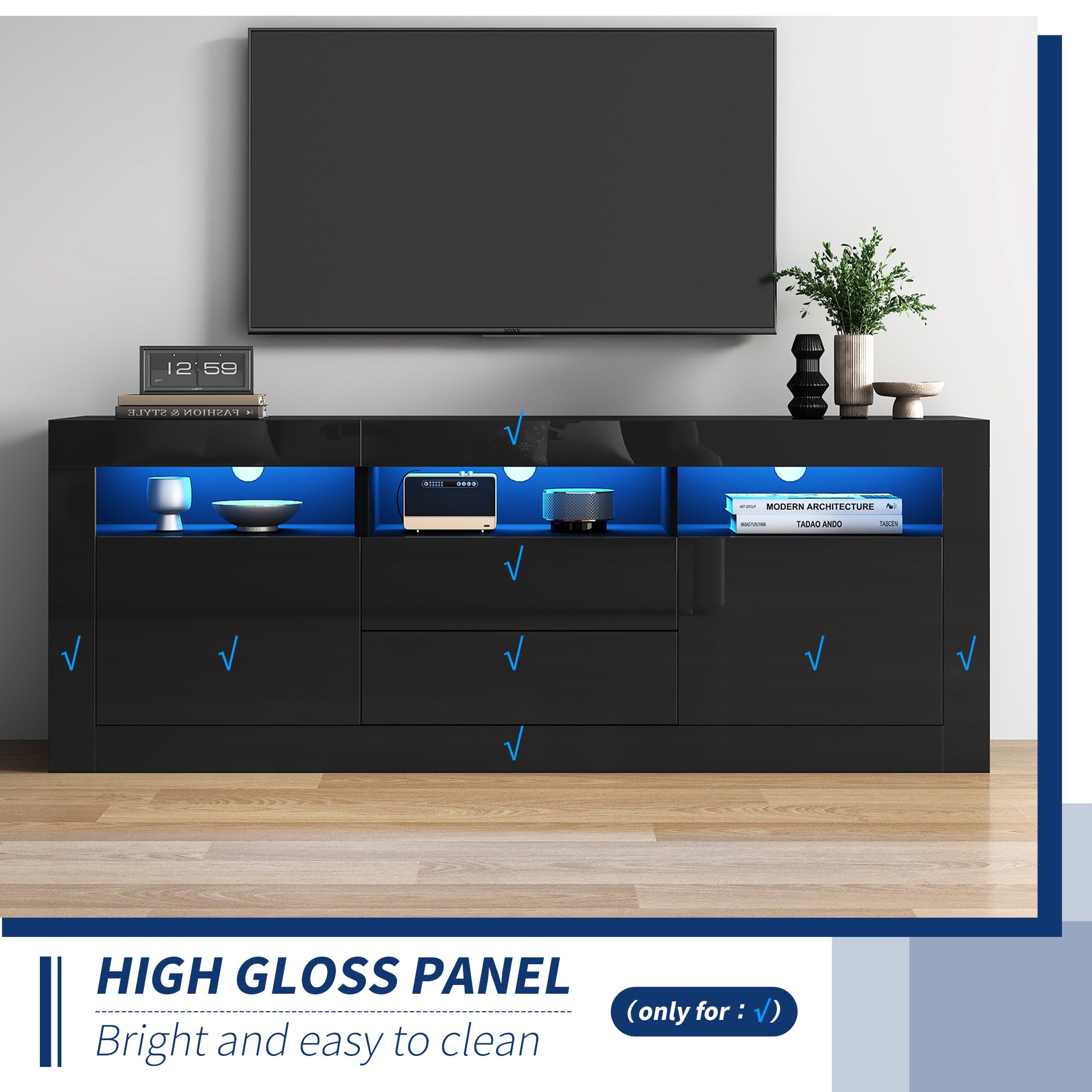 160x35x60cm High Gloss TV Cabinet With LED Lighting, 3 Open Compartments, 2 Doors, 2 Drawers, Smart App Control, For 70 Inch TV,High Gloss TV Stand
