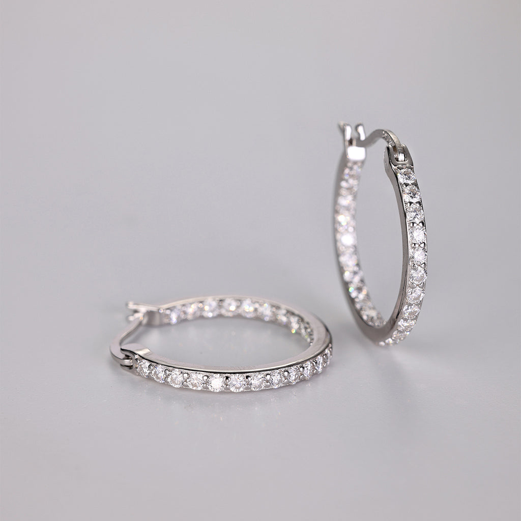 S925 Sterling Silver Pave Hoop Earrings, 46 D-VVS1 Moissanite, Platinum Plated 3g, Women's Fine Jewelry Gift Box