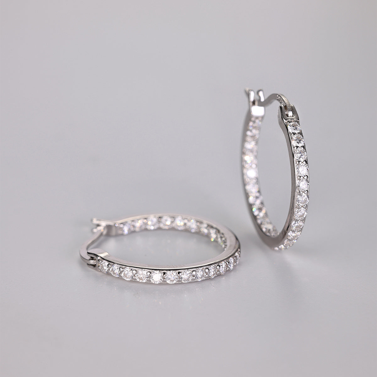 S925 Sterling Silver Pave Hoop Earrings, 46 D-VVS1 Moissanite, Platinum Plated 3g, Women's Fine Jewelry Gift Box