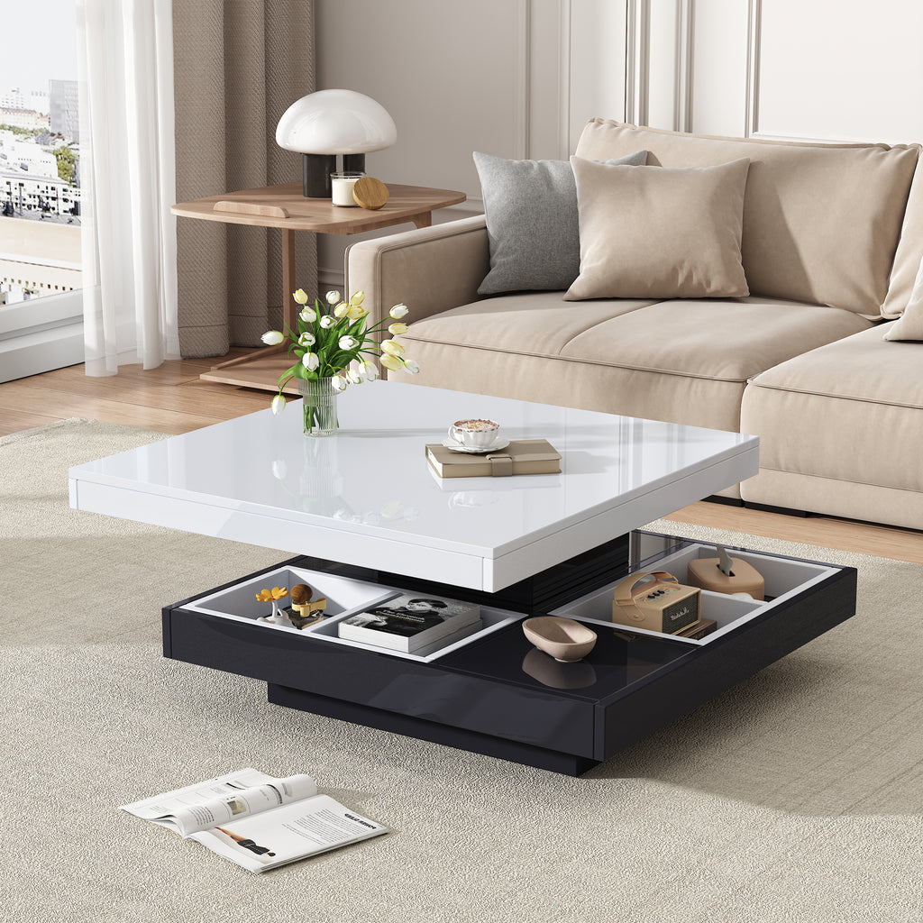 High-gloss Table Top Functional Coffee Table, Living Room Table, 360degree  Rotatable, 2-tier Swivel Table Top With Storage Compartment, White Living Room Table Top, Black Base 70x70x36 Cm