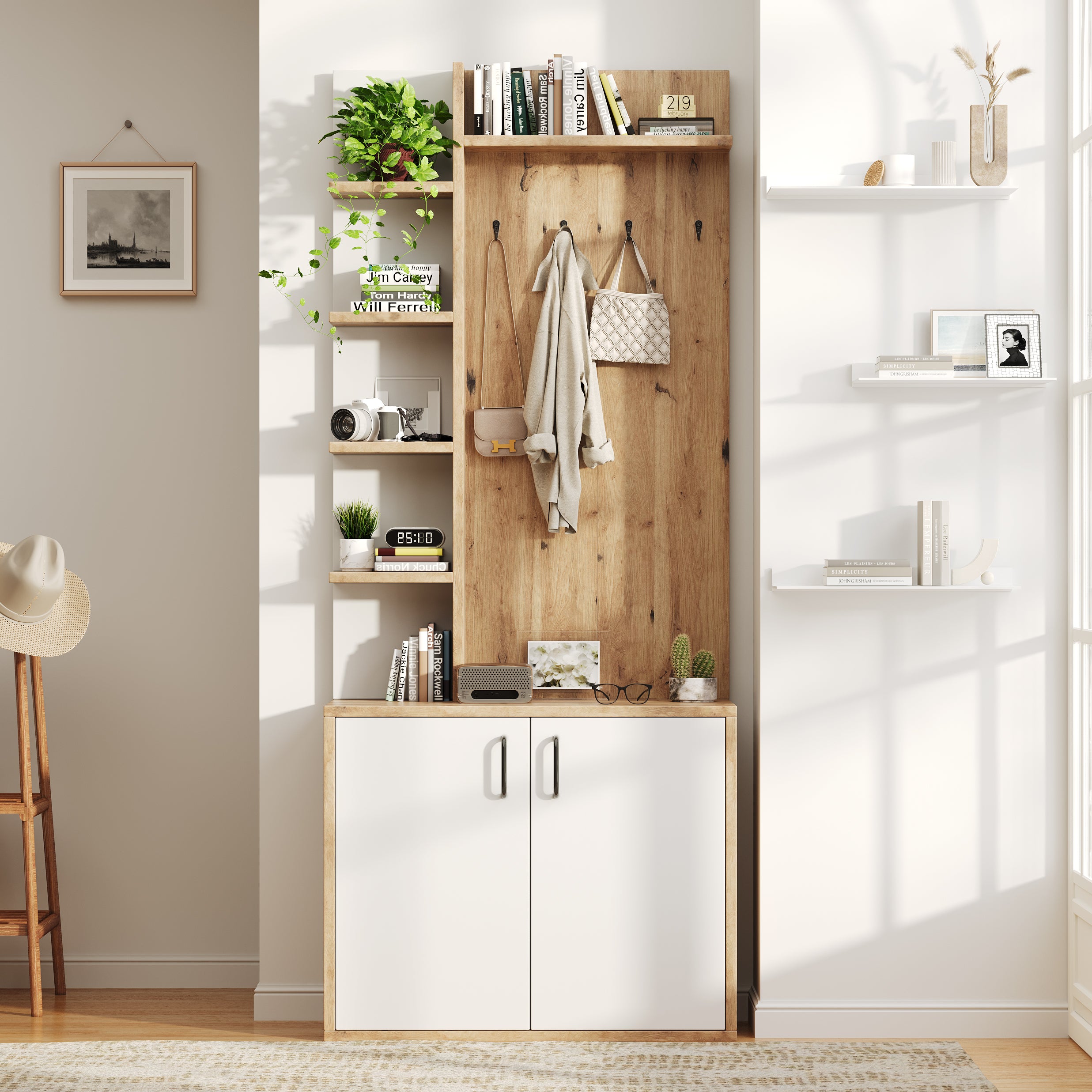 75x33x180cm Coat Rack With Coat Rack, Shoe Storage, Hallway Equipment With Coat Hooks, Hallway Cabinet With 5-layer Storage Space Divider And Storage Cabinets, Original Wood Color  White